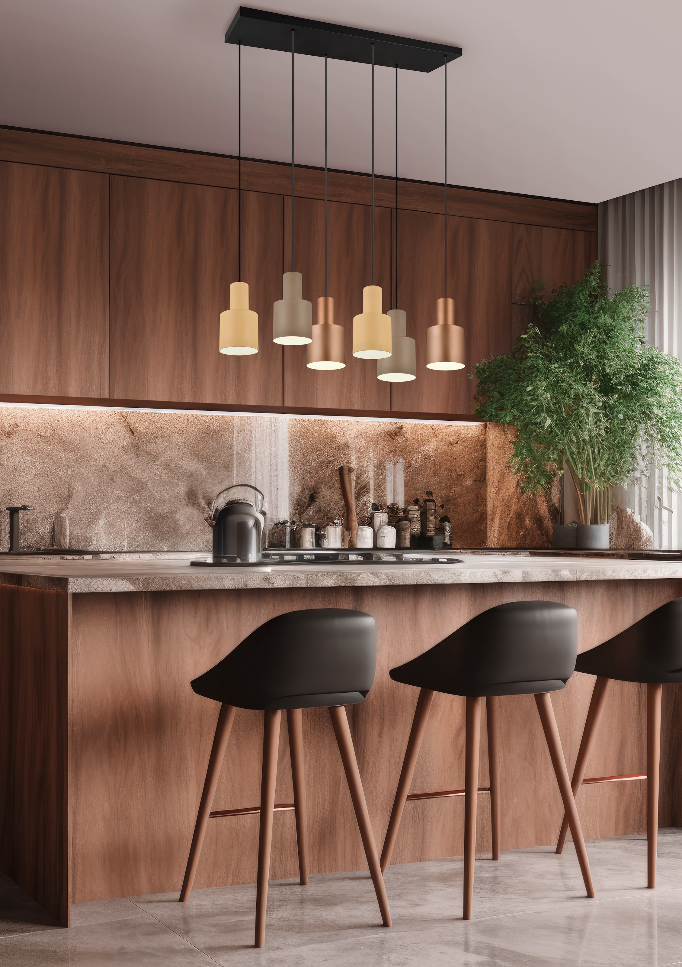 TRIO Leuchten Pendelleuchte »AGUDO, Hängelampe 6-flammig exkl 6xE27 max 40W höhenverstellbar« E27 1 Stk. warmweiß - kaltweiß mehrfarbige Lampenschirme in beige taupe & coffee, Esszimmerlampe