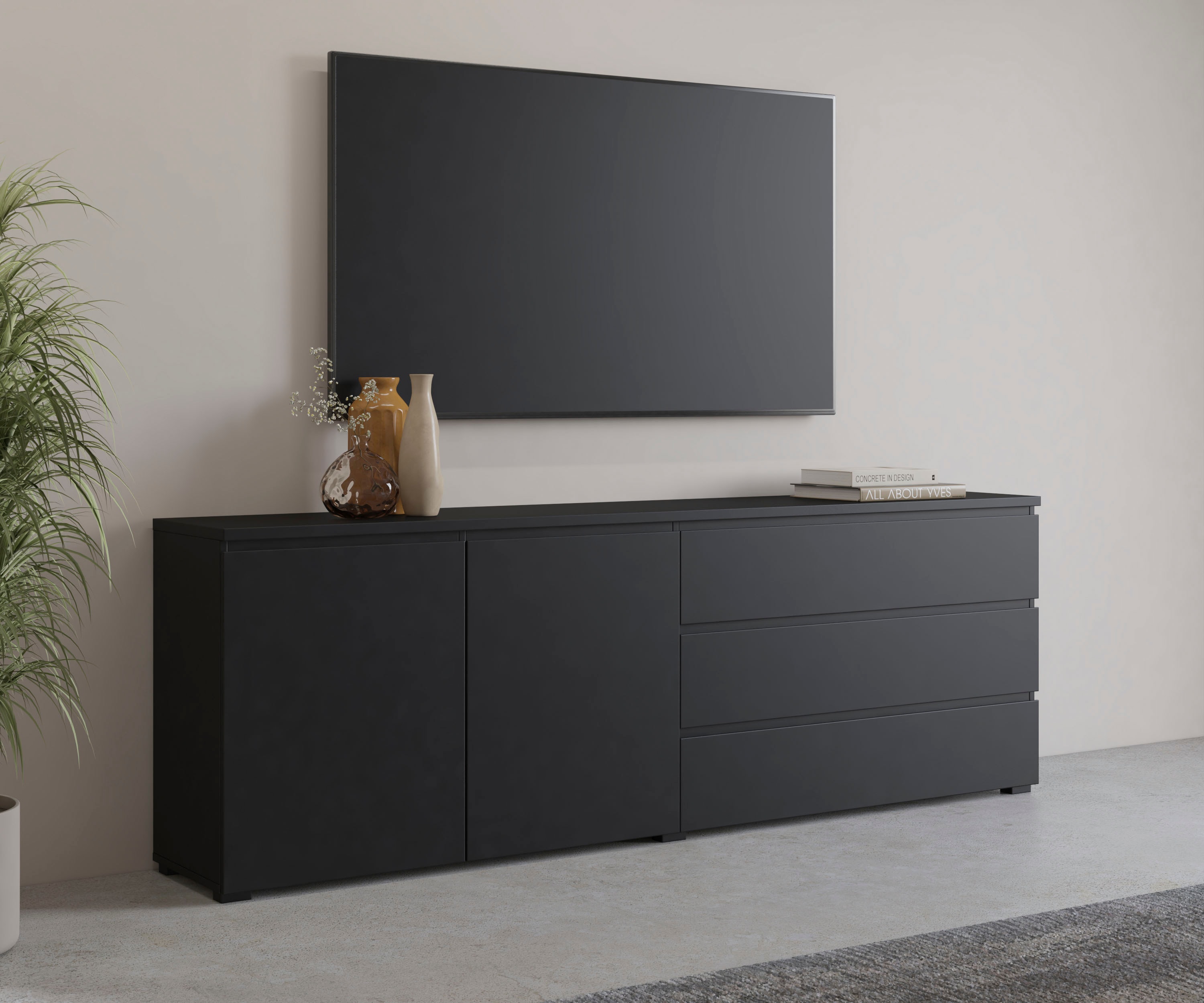 OTTO home Sideboard "Modo, Breite 200 cm, moderne grifflose Kommode 2Türen/3 SK" Schubladenkommode mit viel Stauraum, Einlegeböden verstellbar