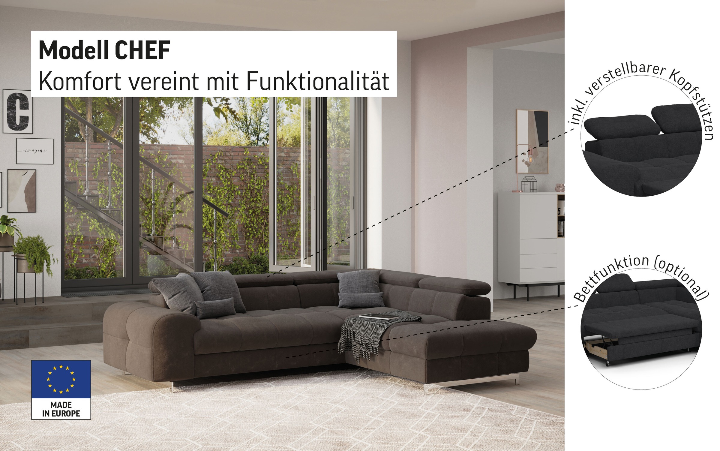 COTTA Ecksofa "Chef L-Form", mit Kopfteilverstellung, edle Metallkufen, wah günstig online kaufen