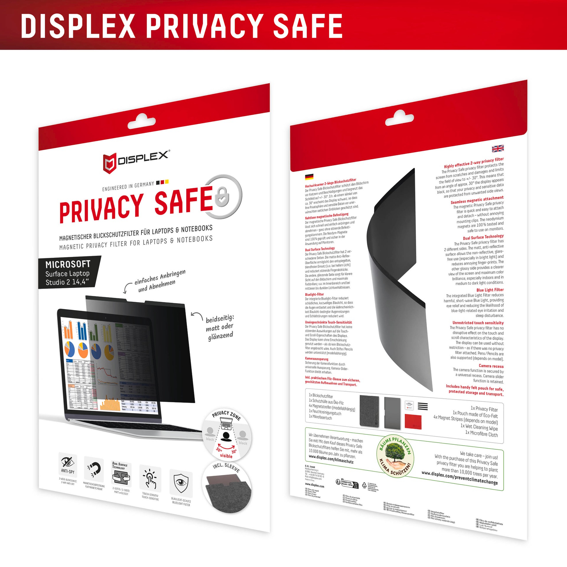 Displex Displayschutzfolie »Privacy Safe 2-Wege Blickschutzfilter«, für Microsoft Surface Laptop Studio 2 14,4, Blickschutzfolie, Schutzfolie, Bildschirmschutz, kratz- & stoßfest