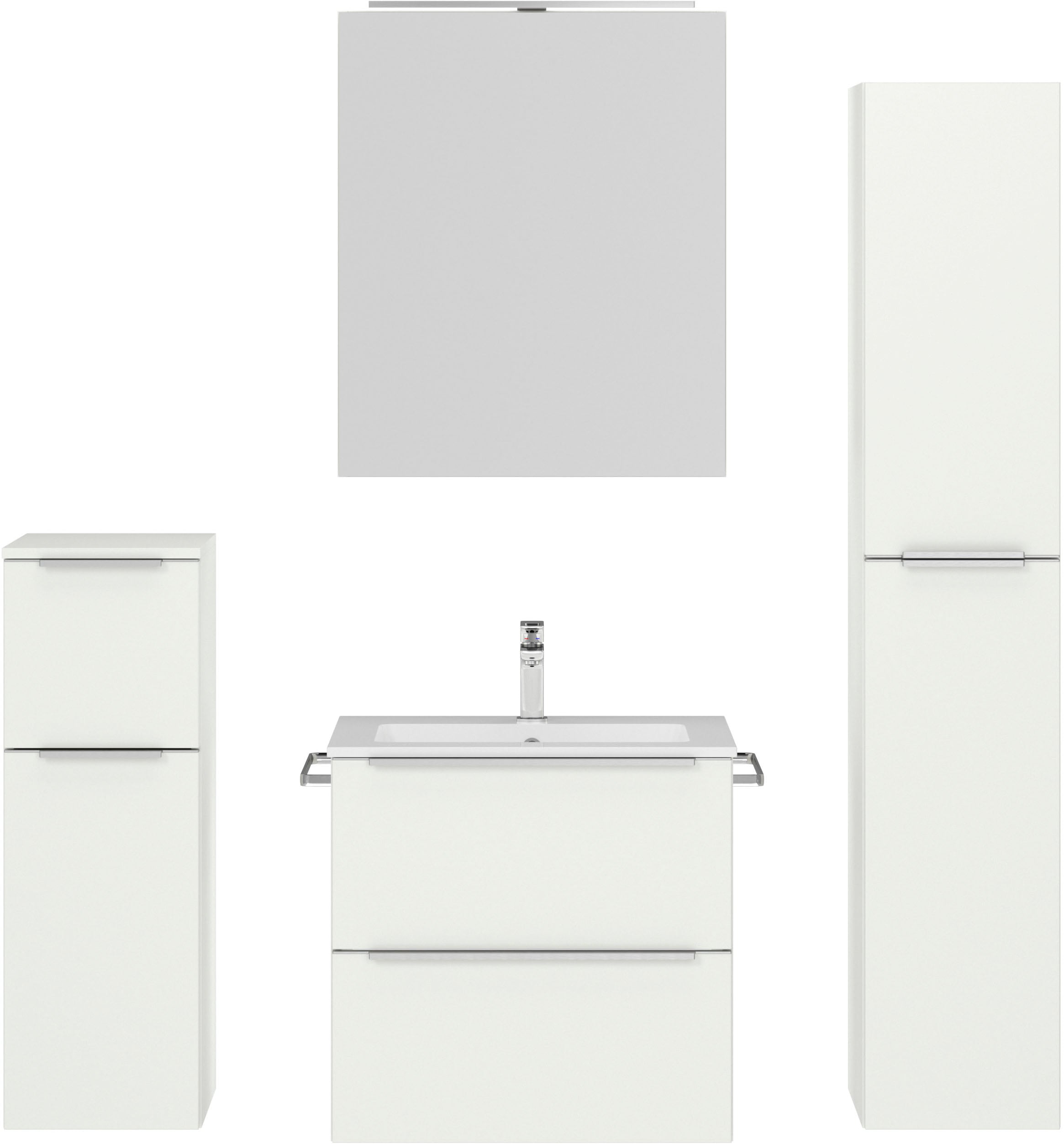 nobilia® Badmöbel-Set »Levere«, (4 St., vormontiert, mit Soft-Close), inkl. Spiegelschrank mit Beleuchtung und Dimmerfunktion, in 4 Breiten