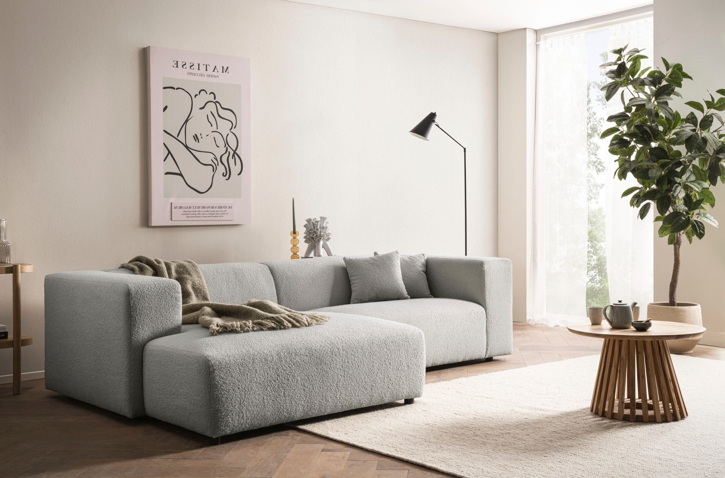 andas Ecksofa »BAKELS, L-Form in Cord oder Boucle-Stoff, moderne Couch«, wahlweise Recamiere rechts/links, bequemer Sitzkomfort