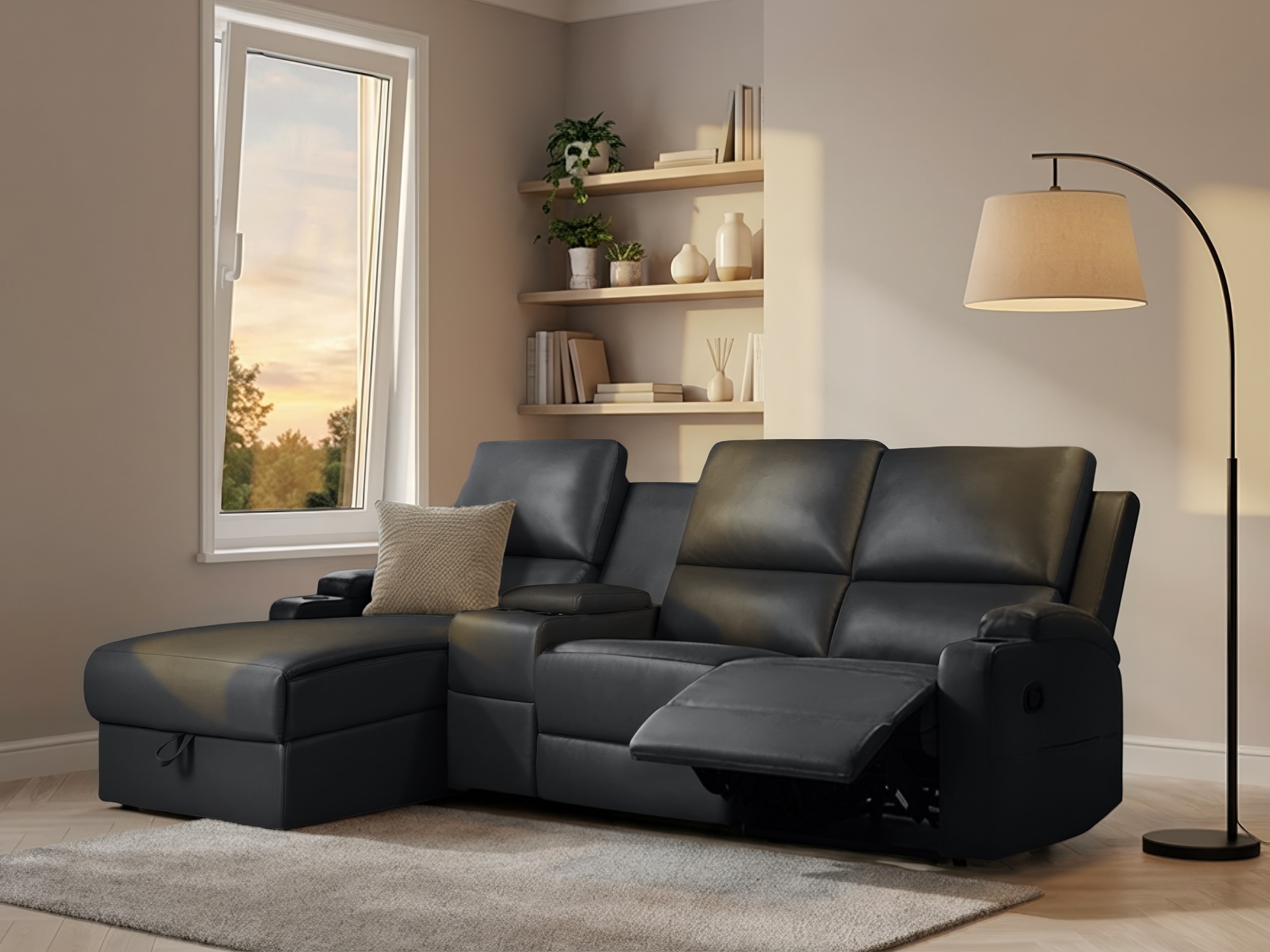 OTTO home Ecksofa "NAPORI Lederoptik, Multimediasofa, 3er Kinosessel XXL, L-Form" Kinosofa, manuelle o. elektr. Relaxfunktion, Staufach, Getränkehalter