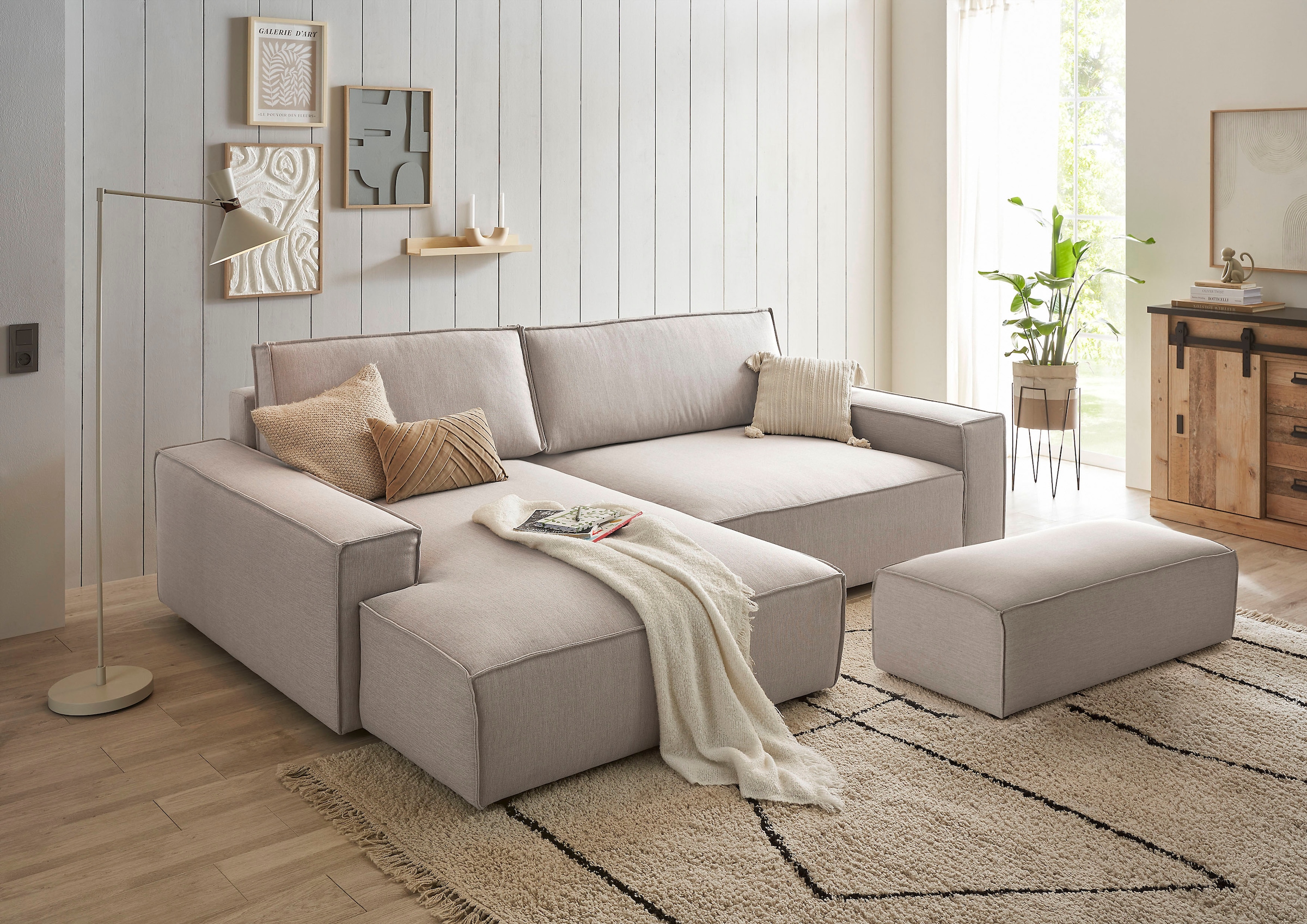 Home affaire Polsterecke »NEU: SHERWOOD XXL tief, L-Form mit Schlaffunktion, Big-Sofa mit Hocker«, (Set, 2 St.), stellbar zum Schlafsofa (Krokodilverbinder), Cord, Leinenoptik