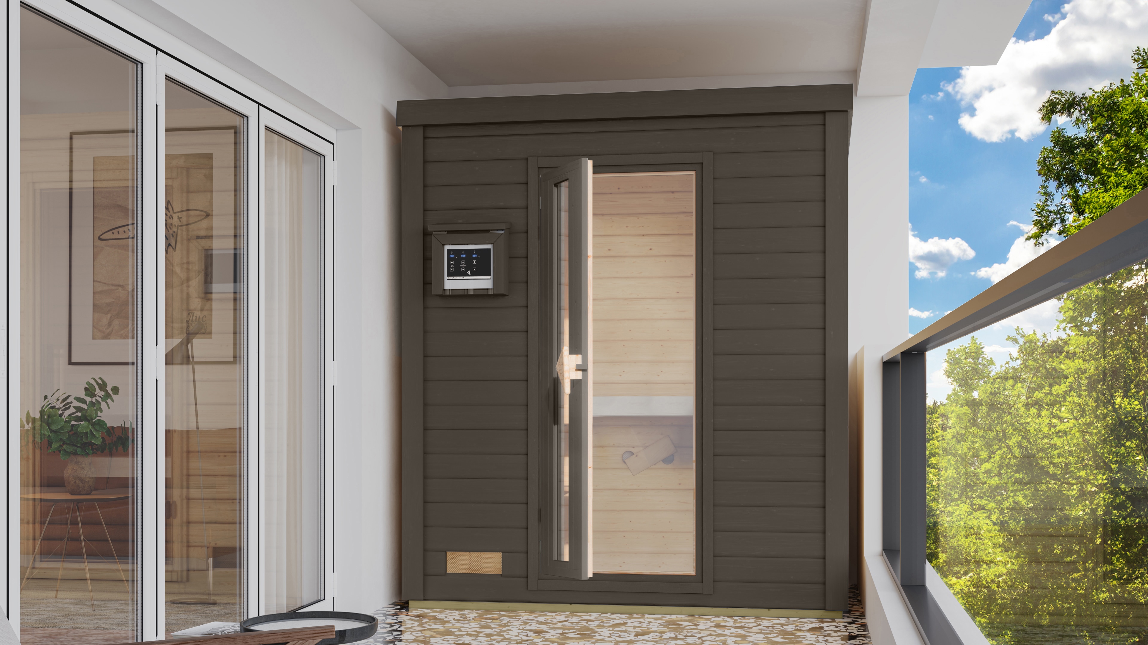 Karibu Saunahaus ""Talo 0" mit Iso-Tür, terragrau" Set, Mit 9 kW Ofen und integrierter Steuerung