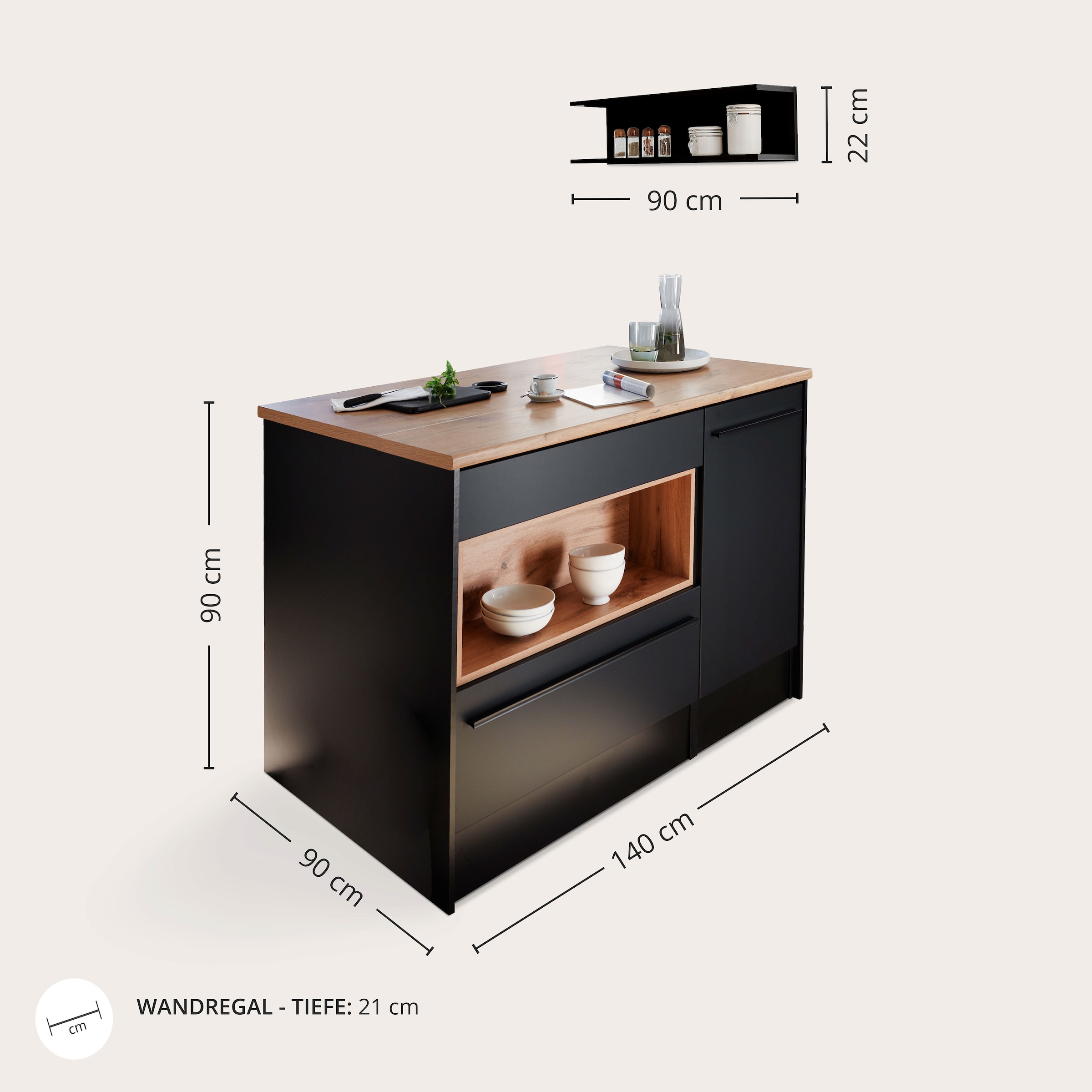 BASIC by Balculina Kücheninsel »Jazz Kücheninsel«, Breite 145 cm, Türen und Schubkästen