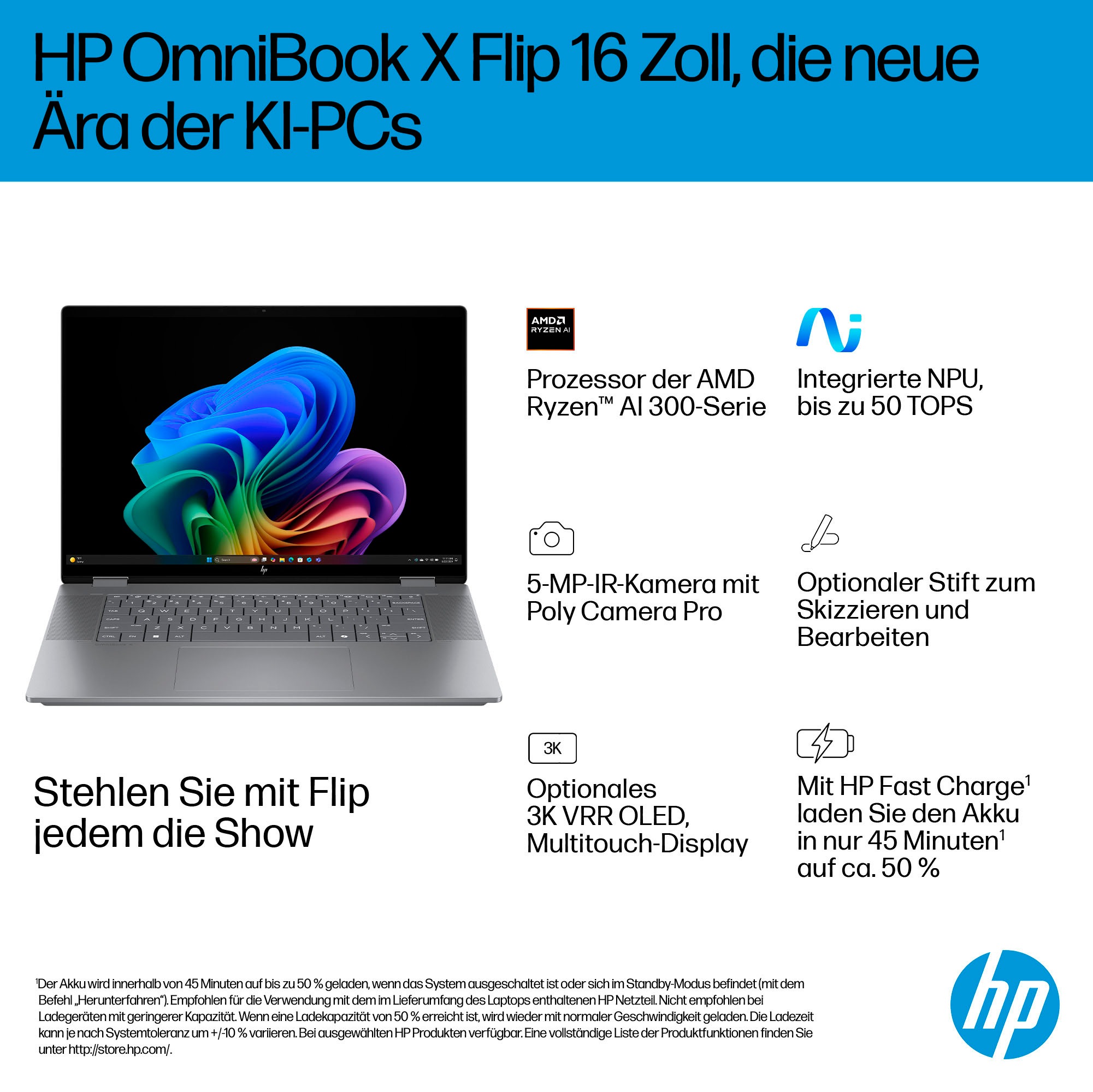 HP Convertible Notebook »OmniBook X Flip NGAI 16-ar0078ng«, 40,6 cm, / 16 Zoll, AMD, Ryzen™ AI 7, Radeon 860M, 1000 GB SSD