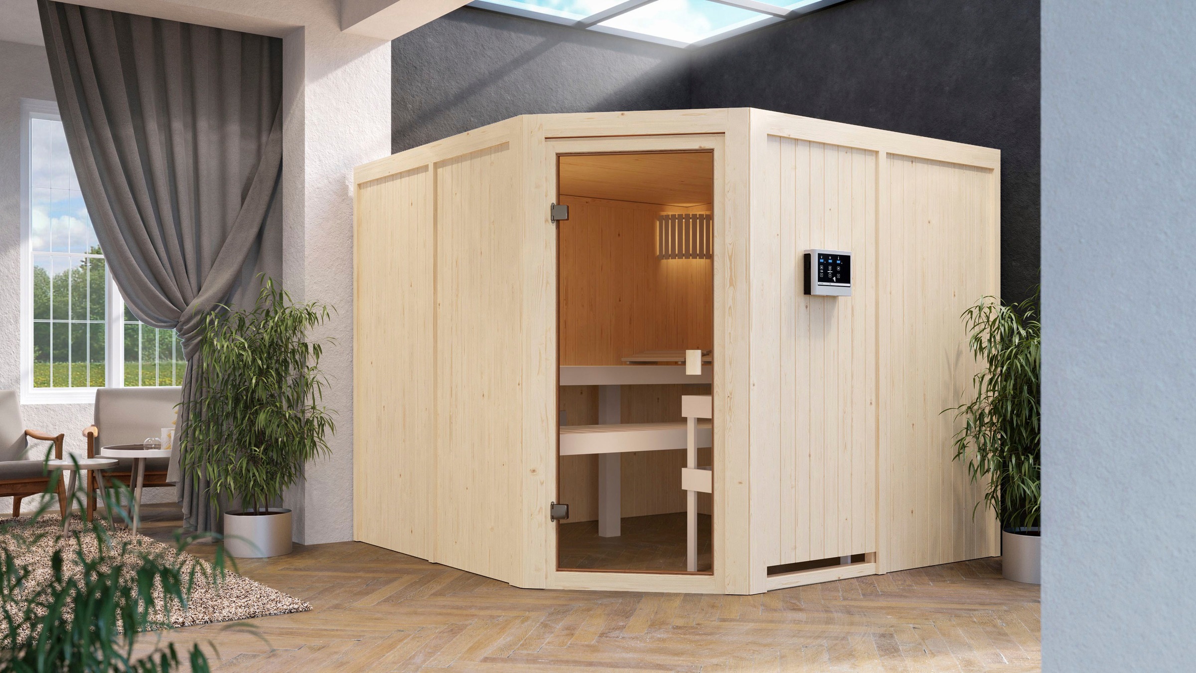 Sauna »Ysla(Eckeinstieg)«, inklusive Ofenschutzgitter und Tür