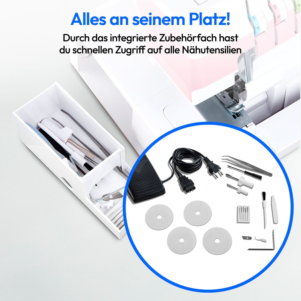 Medion® Overlock-Nähmaschine »MD 19169, Teleskopfadenführung, Zubehör- Fach,«, 4 Fäden gleichzeitig, Nähen mit 2 Nadeln, Einstellbare Fadenspannung