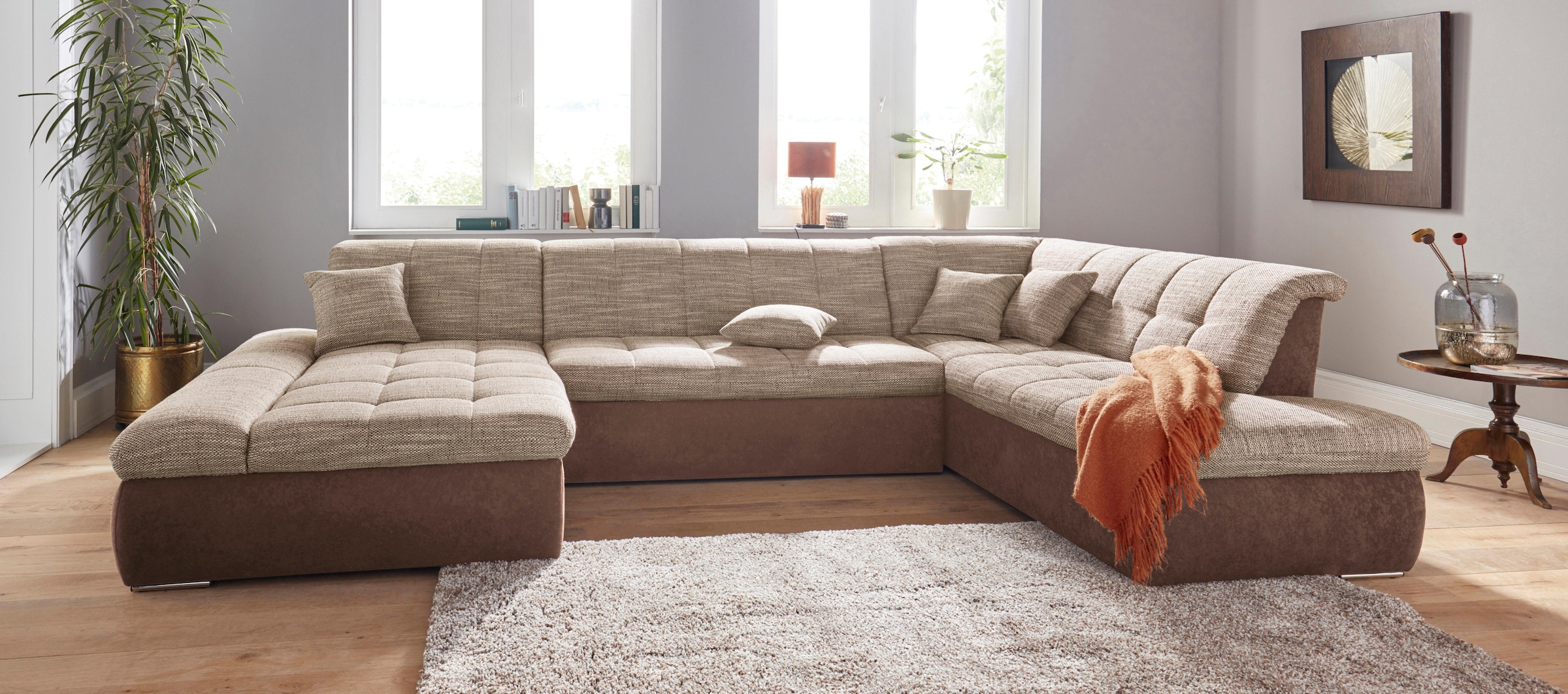 DOMO collection Wohnlandschaft "PB MORIC wahlweise mit Bettfunktion und Armteilverstellung U-Form" XXL-Format B/T/H: 353/216/80 cm, feine Steppung, incl. Zierkissen