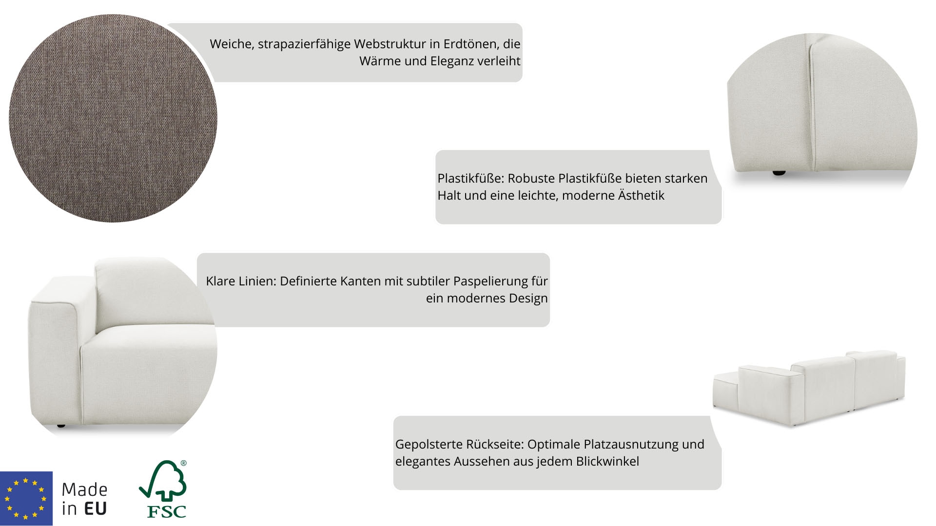 andas Ecksofa »Noord mit Kedernaht, Breite 282 cm«, Cord, Struktur, Webstoff, mit Wellenunterfederung, Massivholzrahmen