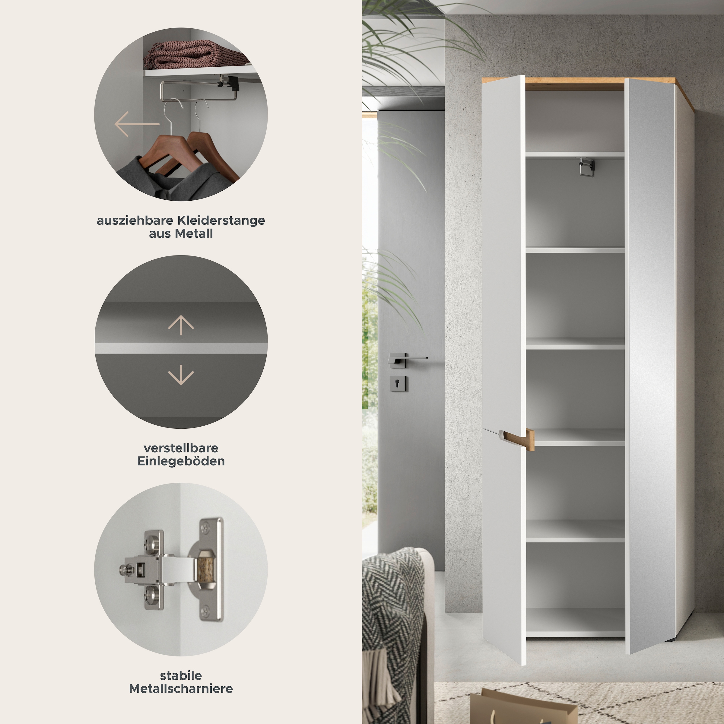 Home affaire Garderobenschrank »REHAT, TOPSELLER!, Höhe 190cm, 2 Türen, 6 Fächer, 1 Kleiderstange« in verschiedenen Farben erhältlich, 1 Stk. tlg. Garderobe, Flurschrank, Dielenschrank, Kleiderschrank, Garderobenmöbel
