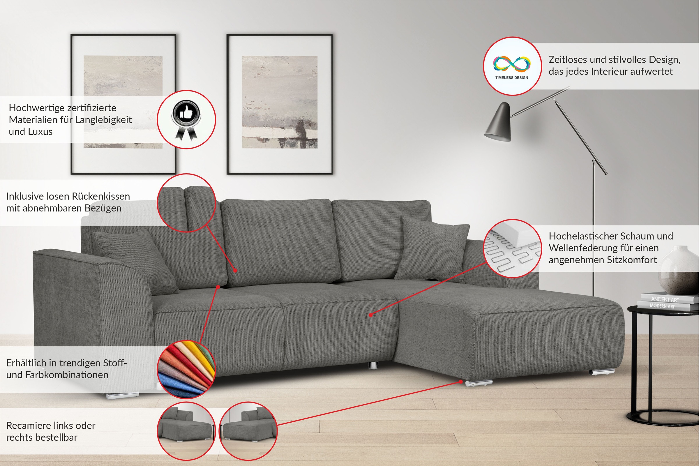 INOSIGN Ecksofa »BEATRICE optionale Schlafsofa mit Bettkasten, B/T/H: 265/170/86 cm«, L-Form, wahlweise auch mit Bettfunktion und Bettkasten