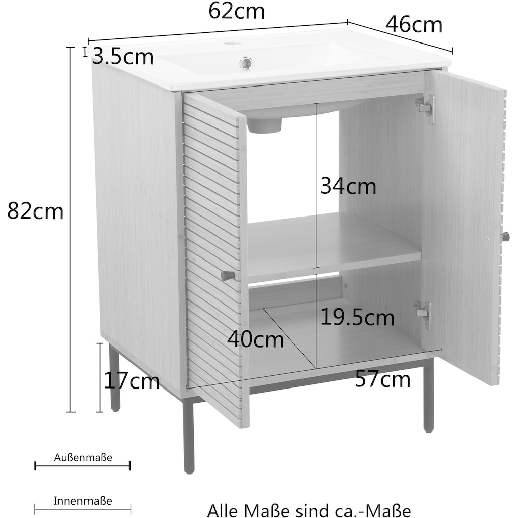 andas Waschtisch »Bali Badschrank mit Waschbecken«, Waschplatz aus Bambus mit 2 Türen, Breite 60cm Natur