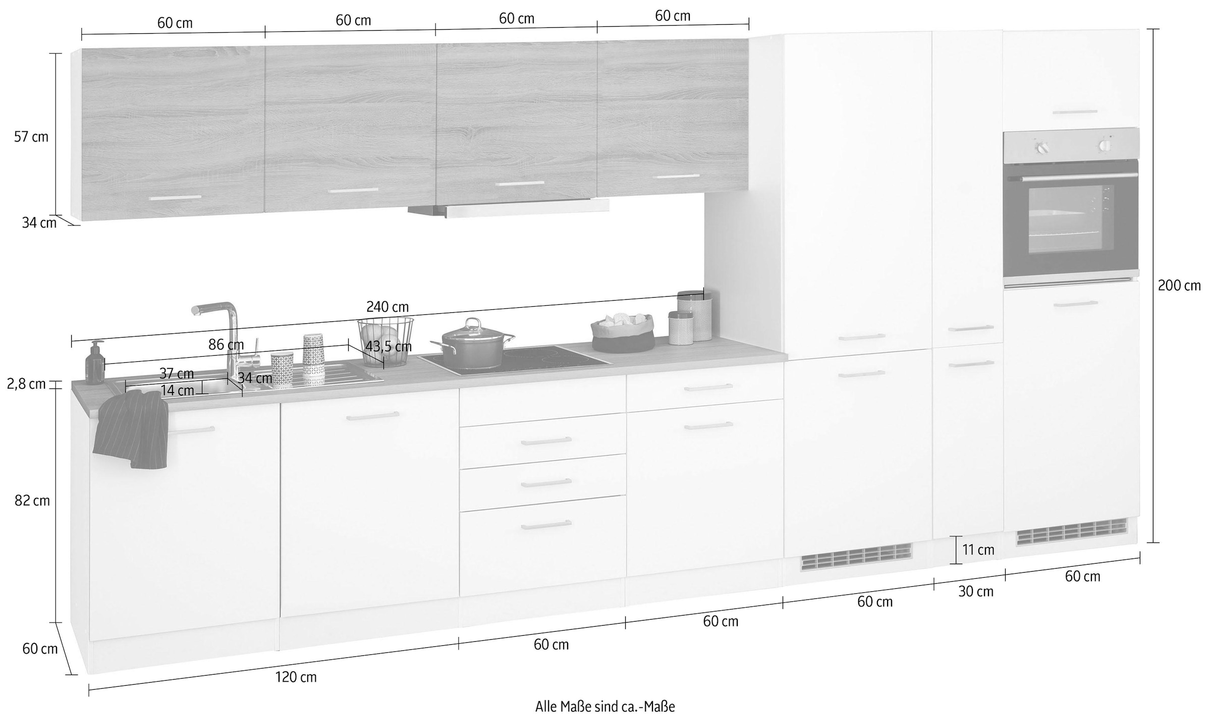 KOCHSTATION Küchenzeile »KS-Visby«, mit E-Geräten, Breite 390 cm inkl. Kühl/Gefrierkombination