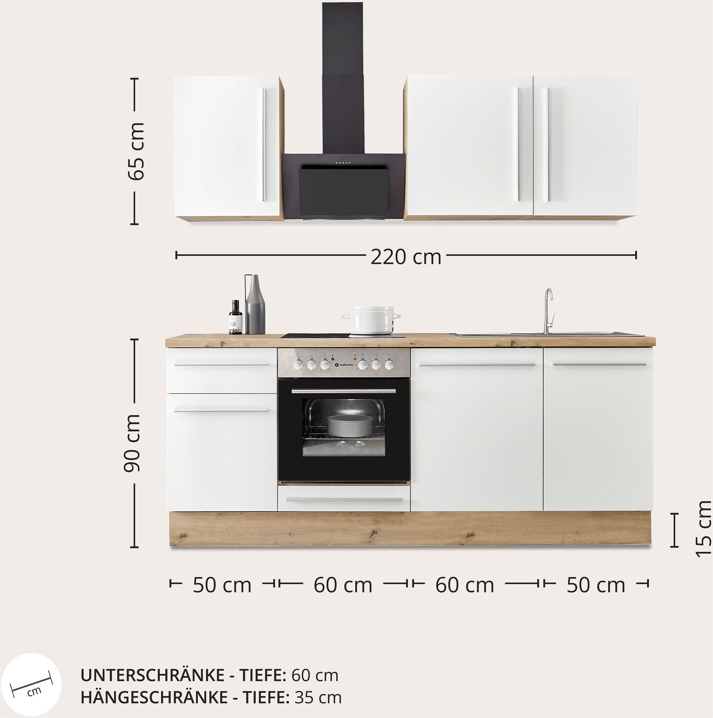 KOCHSTATION Küchenzeile »Florida mit 38mm starker Arbeitsplatte«, Breite 220 cm, wahlweise mit E-Geräten, Soft-Close-Funktion