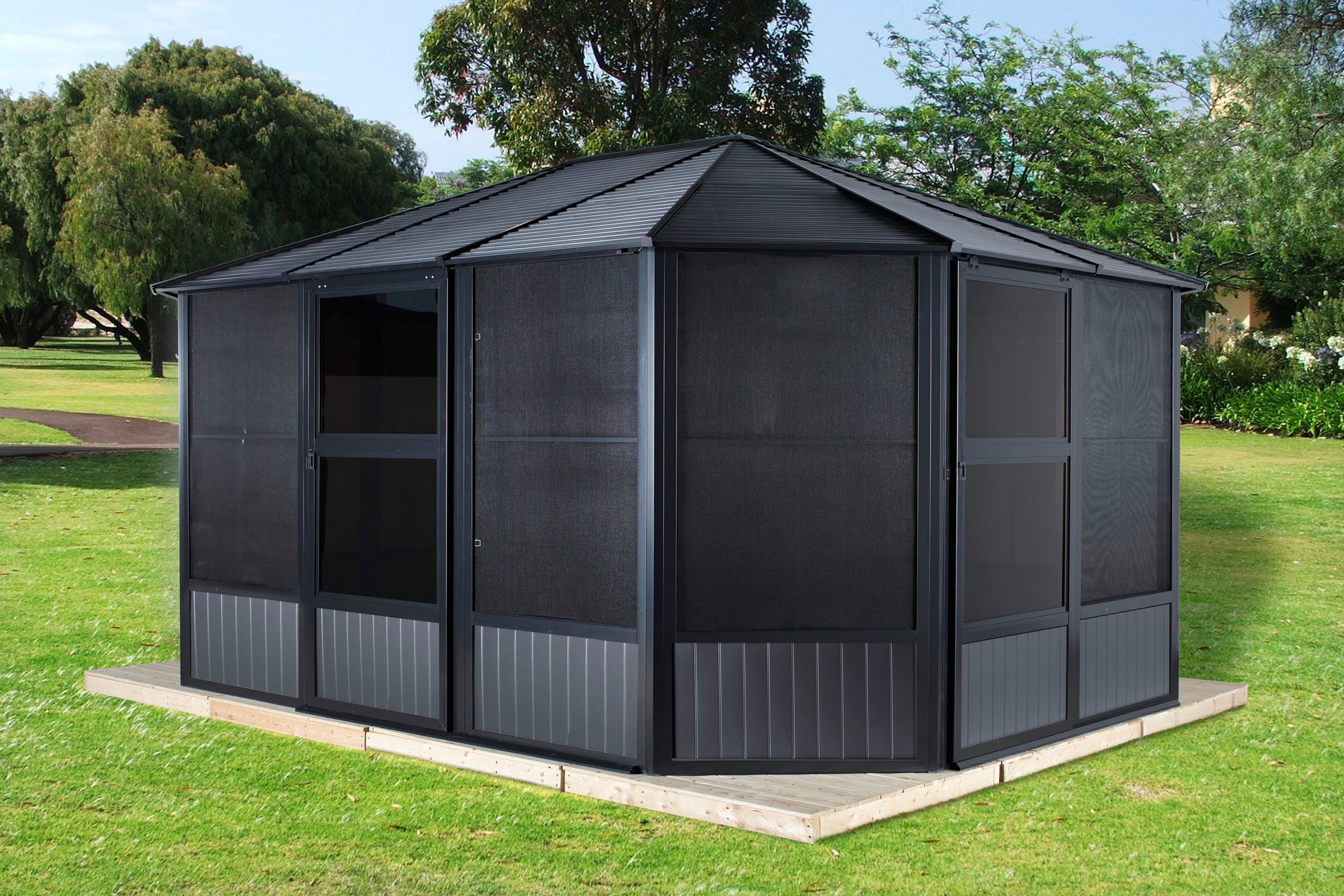 // Sommer und Winter Solarium Gartenlaube & Wintergarten Charleston // 384x594x281 cm LxBxH Sojag Aluminium Pavillon