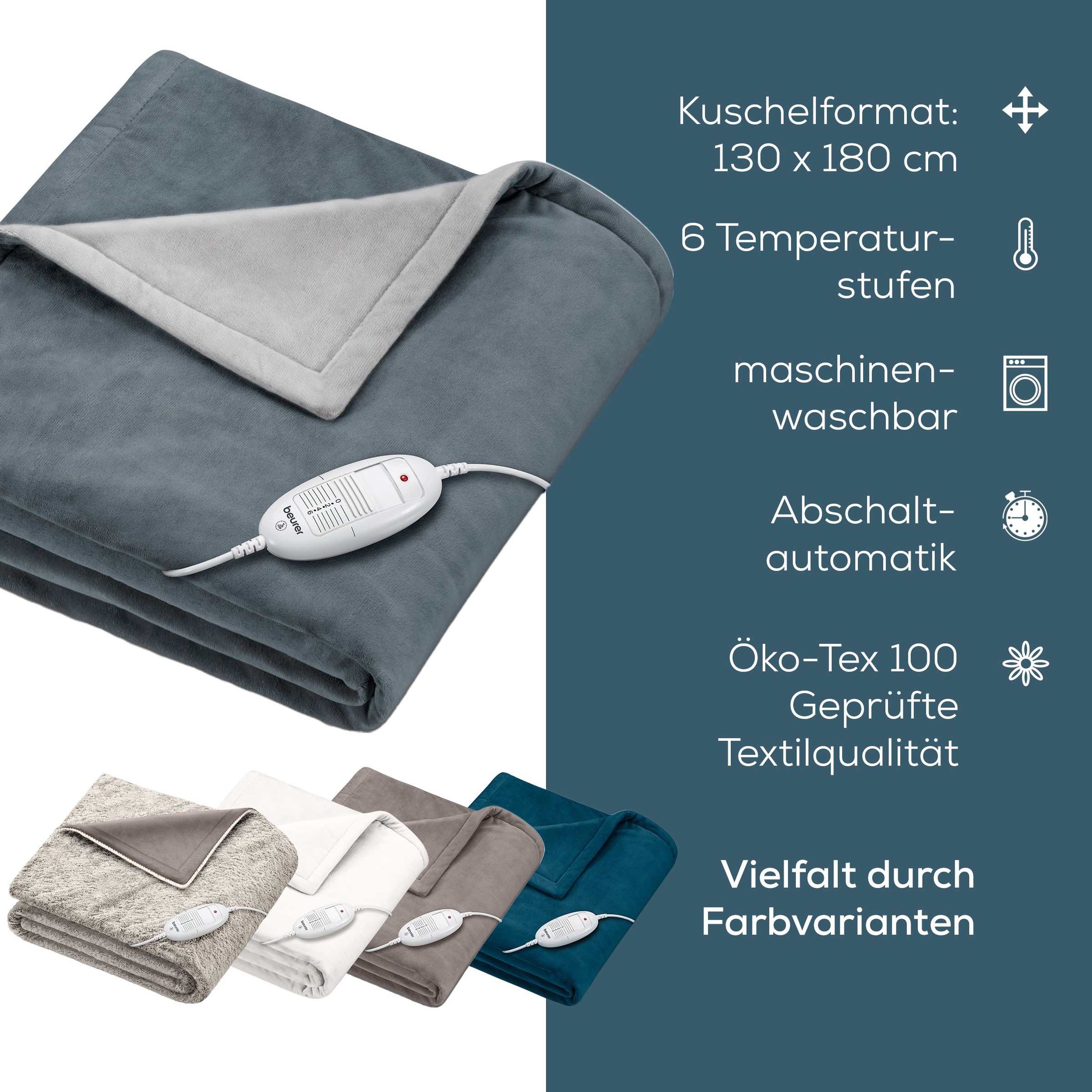 BEURER Heizdecke »HD 75 Cosy Dark-Grey, elektrische Wärmedecke zum Einkuscheln«, Mit 6 Temperaturstufen, Abschaltautomatik, maschinenwaschbar