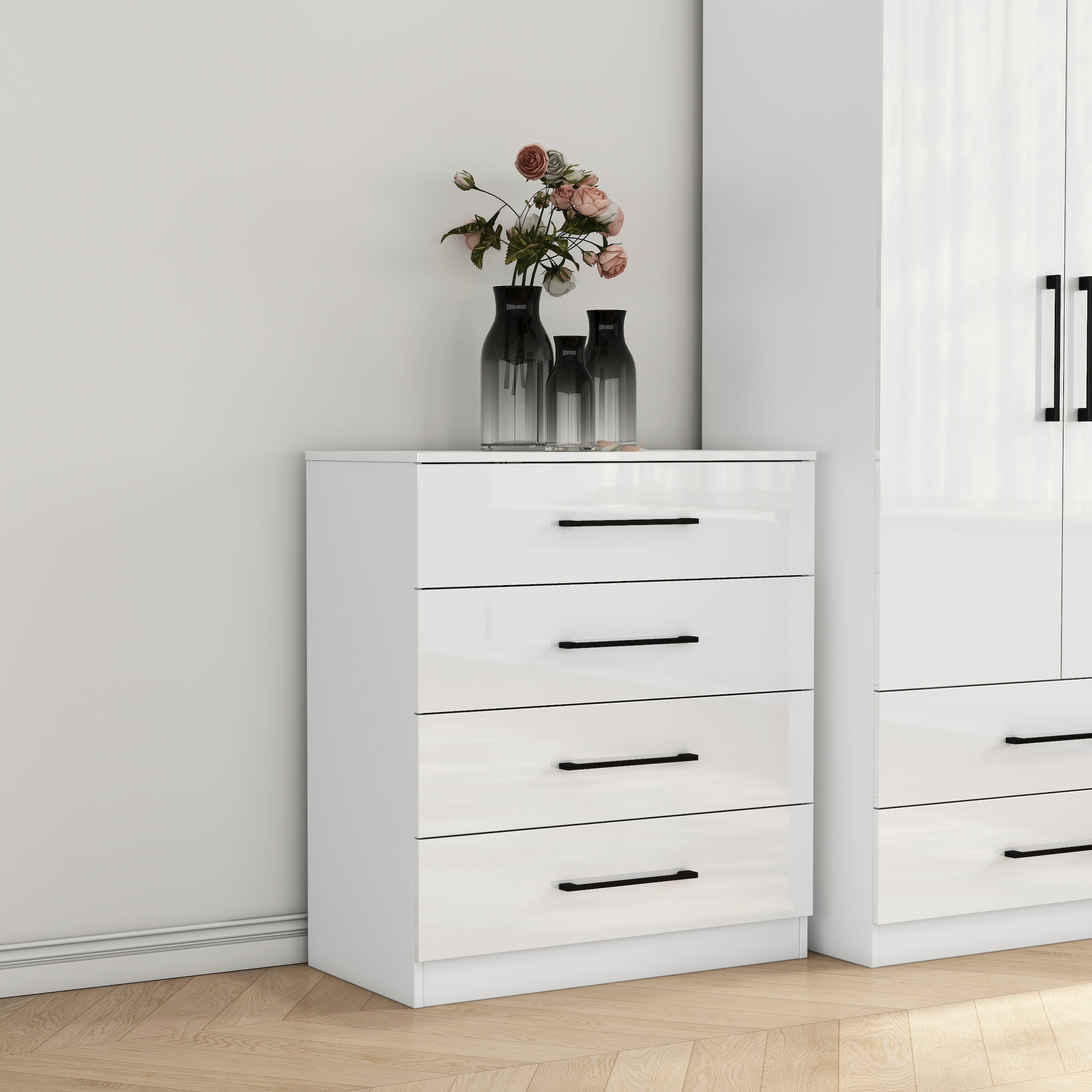 OTTO home Schubkastenkommode »Sylt Schlafzimmerkommode Kommode Wäscheschrank Bestseller«, (1 St., Viel Stauraum im Schlafzimmer mit hochglänzenden Fronten), Beistellschrank mit 4 Schubladen