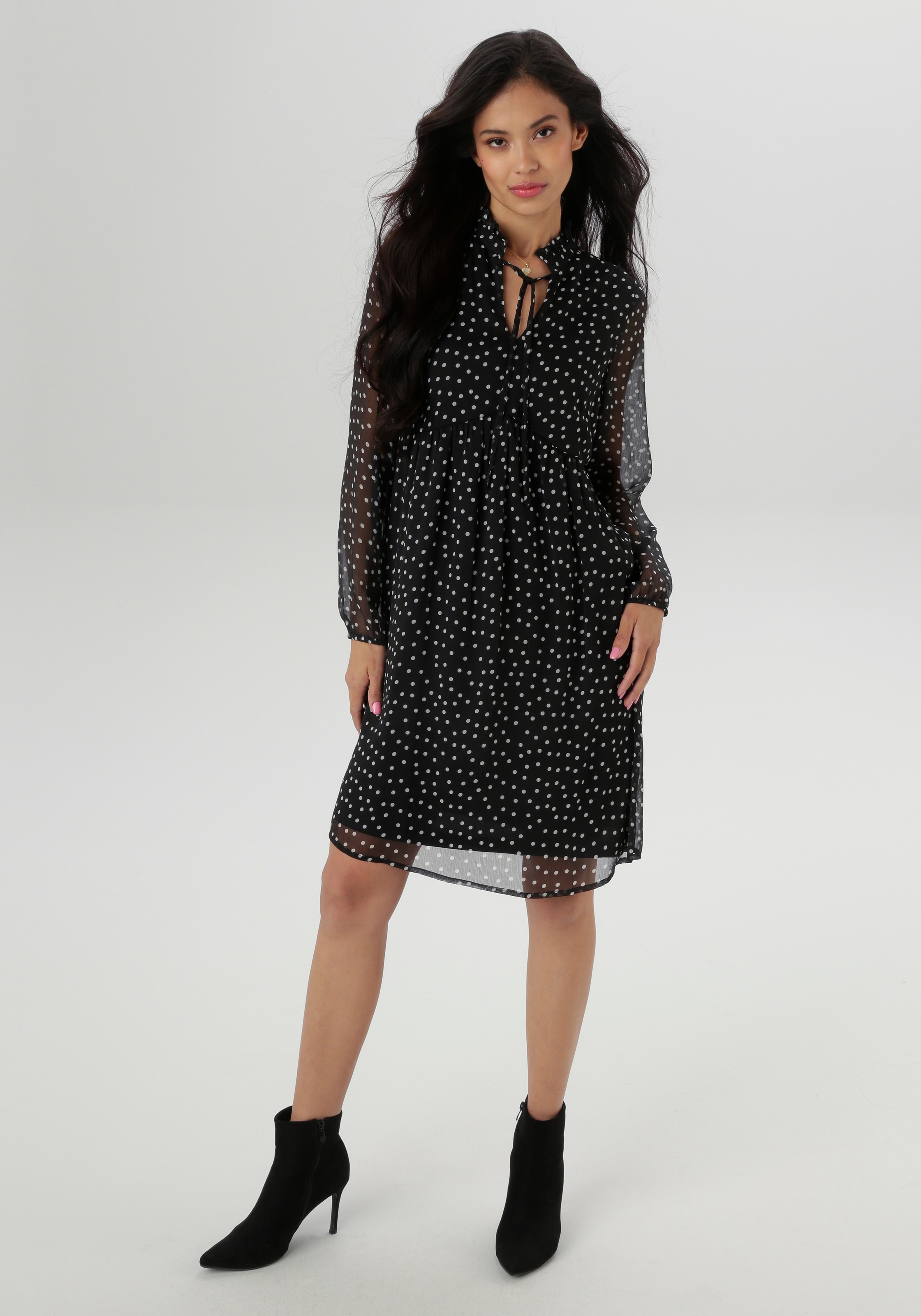 Aniston SELECTED Chiffonkleid, Mit kleinen Rüschen am Stehkragen und Bindebänder - NEUE KOLLEKTION