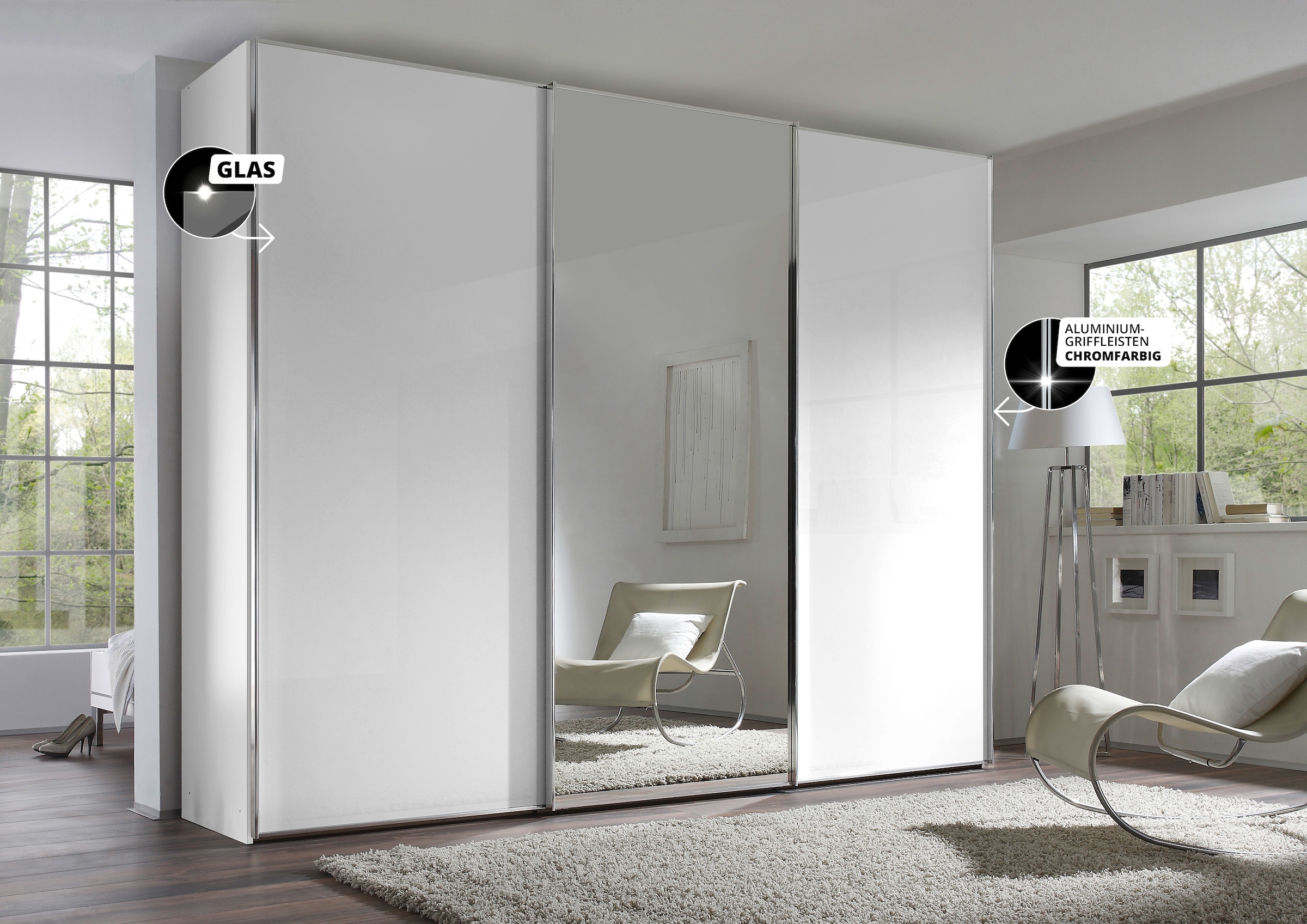 STAUD Schwebetürenschrank »Sinfonie Plus, edles Design in hochwertiger Qualität, Made in Germany«, Mit Spiegeltür und vier verschiedenen Ausstattungsvarianten
