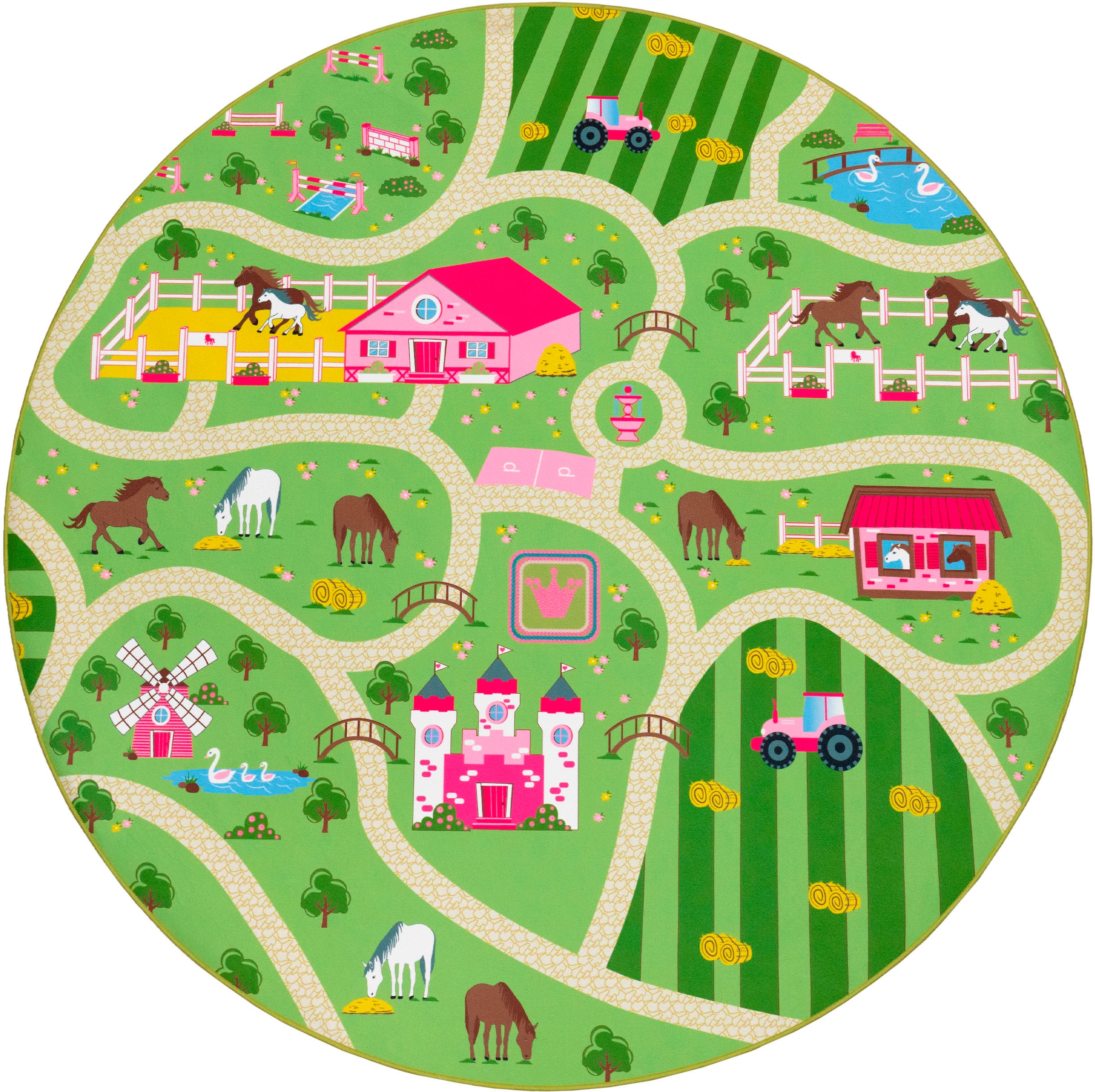 Paco Home Kinderteppich »Bino 560«, rund, Kurzflor, Straßen-Spiel-Teppich, Motiv Bauernhof, Kinderzimmer