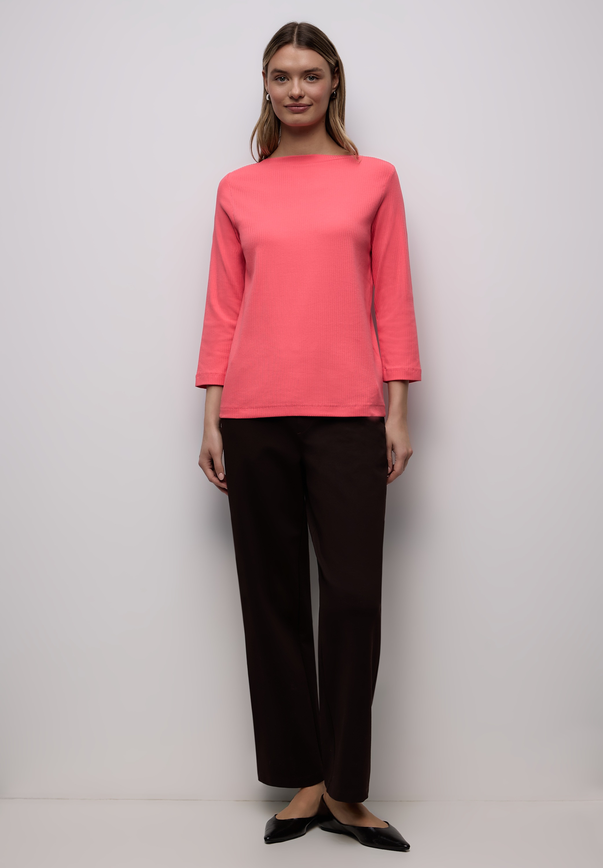 3/4-Arm-Shirt STREET ONE, Damen, Gr. 42, striking coral, Web, 95% Baumwolle, 5% Elasthan, unifarben, normal normal, U-Boot-Ausschnitt, abgesteppt, Shirts 3/4-Arm-Shirt, Jersey 3