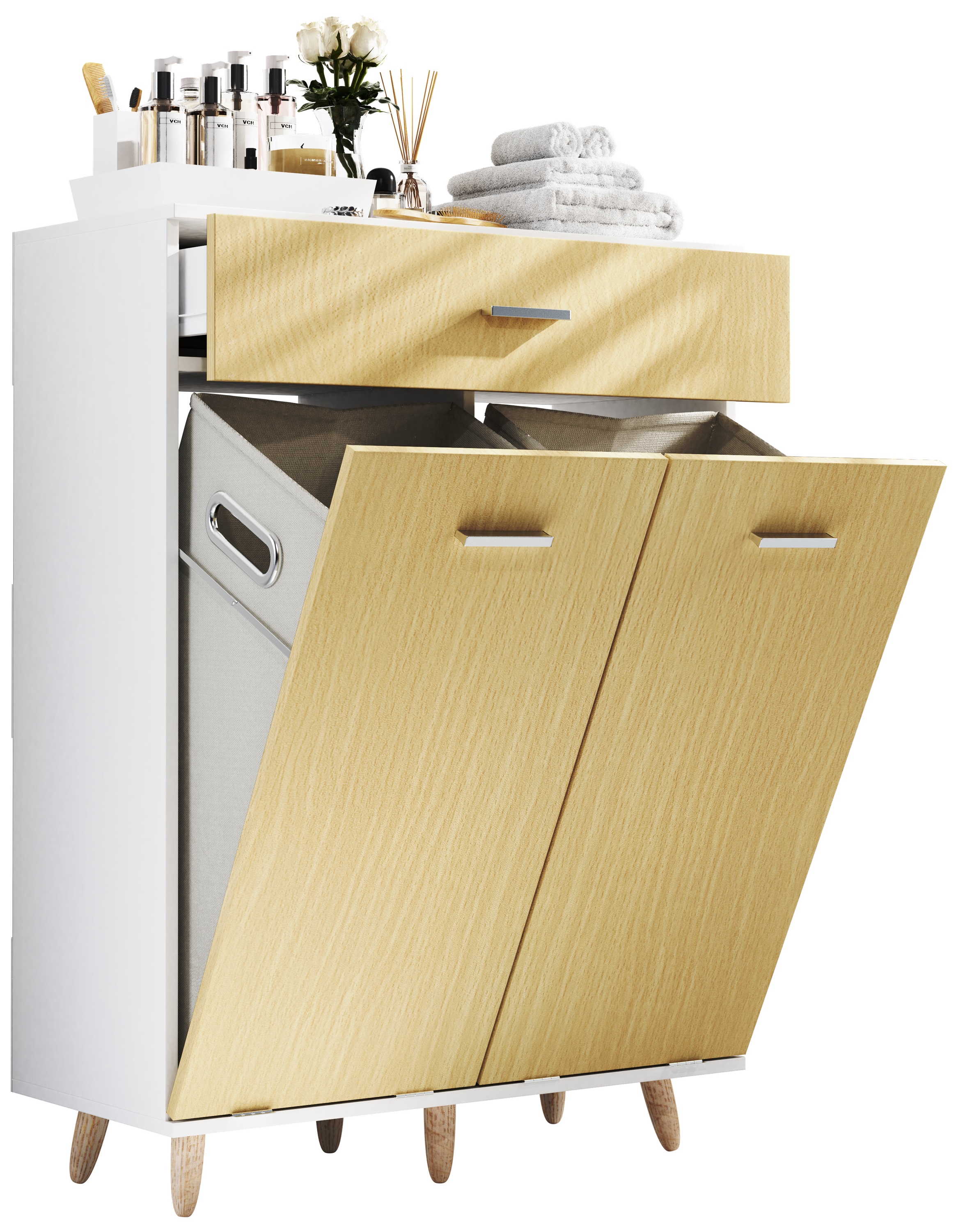 Hochschrank VCM, B:79cm T:35cmweiß, honig, eiche, Obermaterial: 100% Holz Wood., Badezimmer, Schränke, "Wäscheschrank Wäschetruhe Wäschebox Landos M"