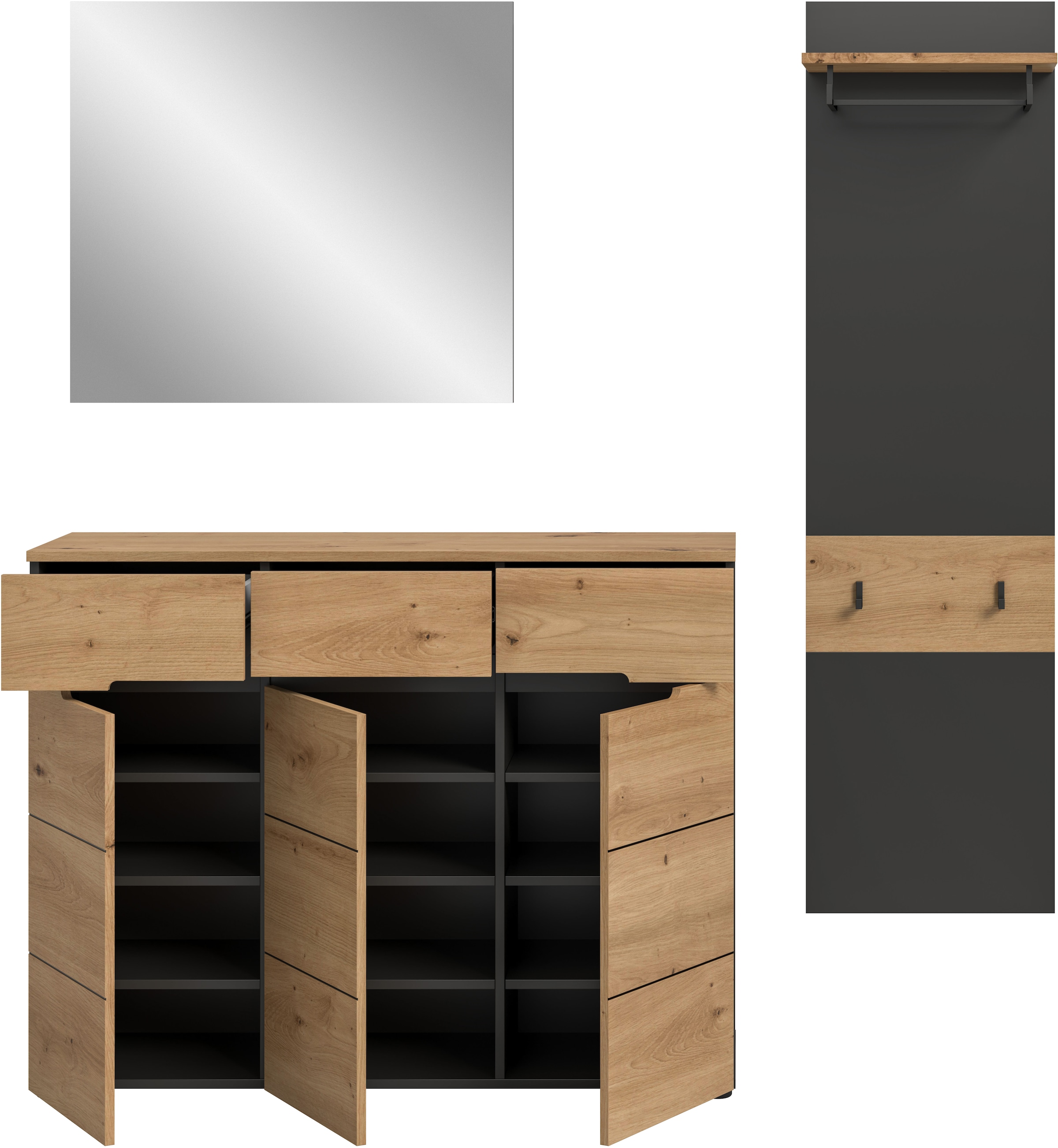 INOSIGN Garderoben-Set, (Set, 3 St., bestehend aus: Kommode, Spiegel und Garderobenpaneel), Garderobenkombination, Kombination, Set, Flurgarderobe, Diele