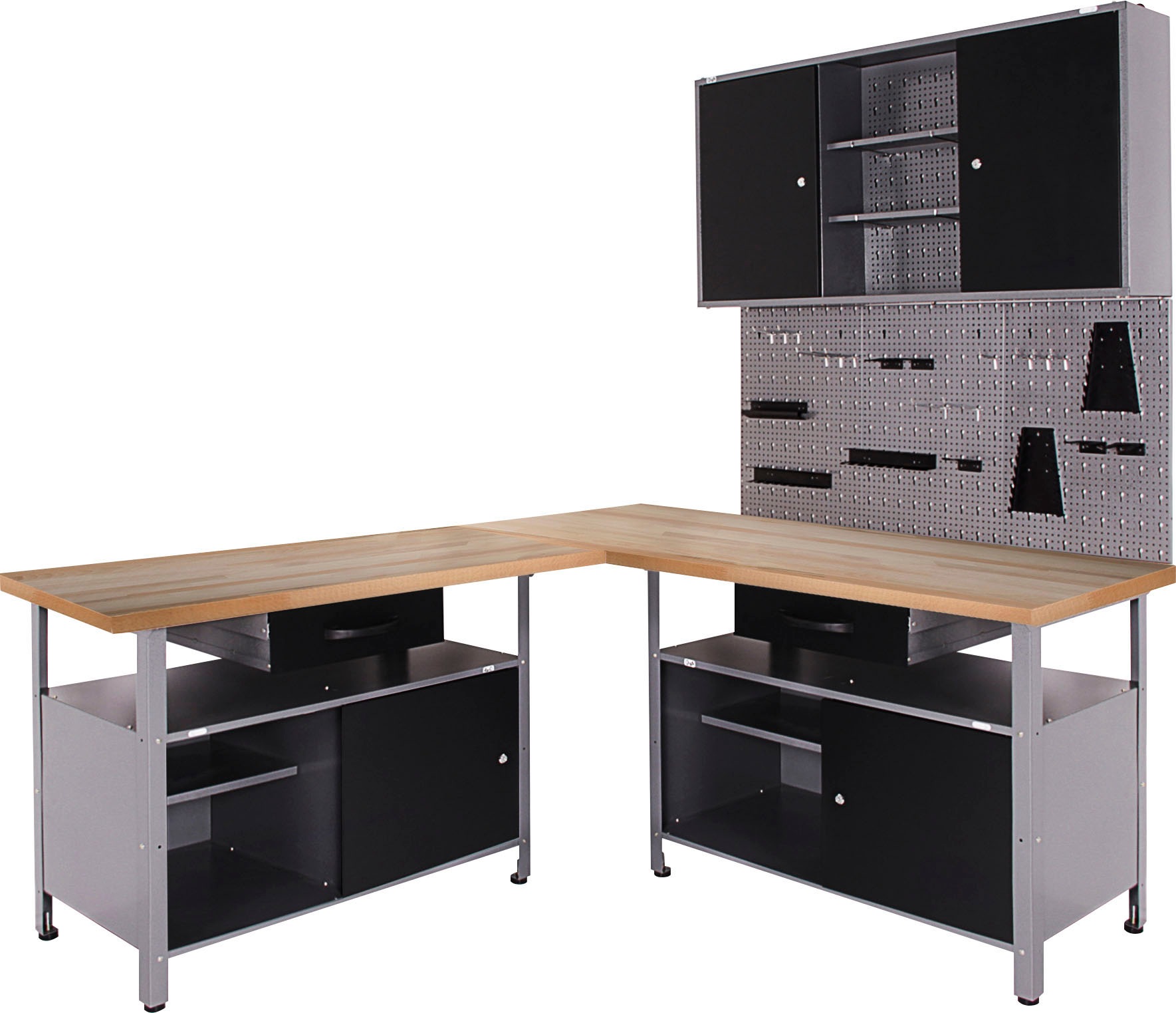 ONDIS24 Werkstatt-Set, B:120cm H:205cm T:60cm, schwarz, Werkbänke, mit 2 Werkbänken, Werkzeugschrank & Lochwand