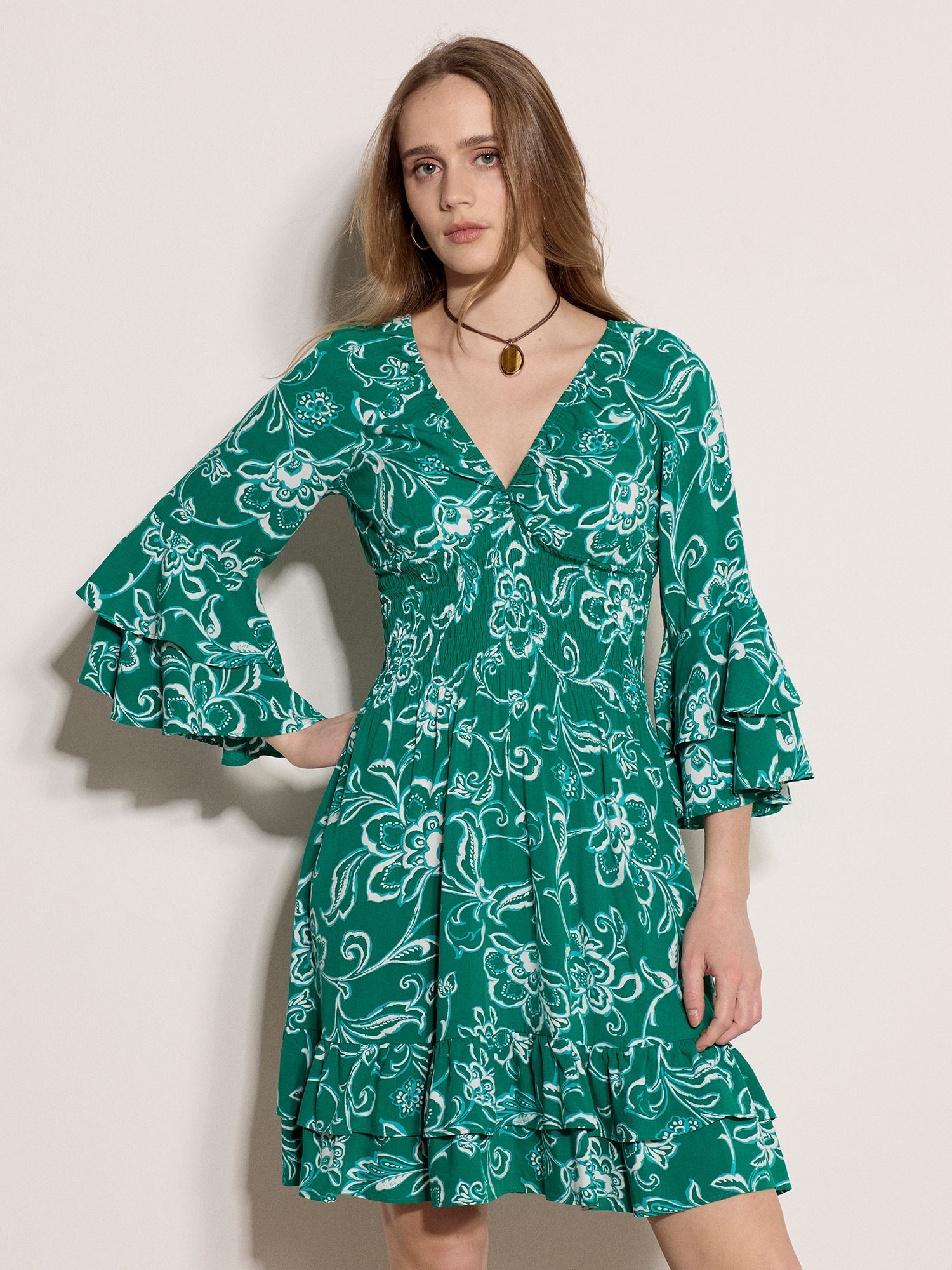 Apricot Minikleid "Smok-Minikleid" mit Trompetenärmeln