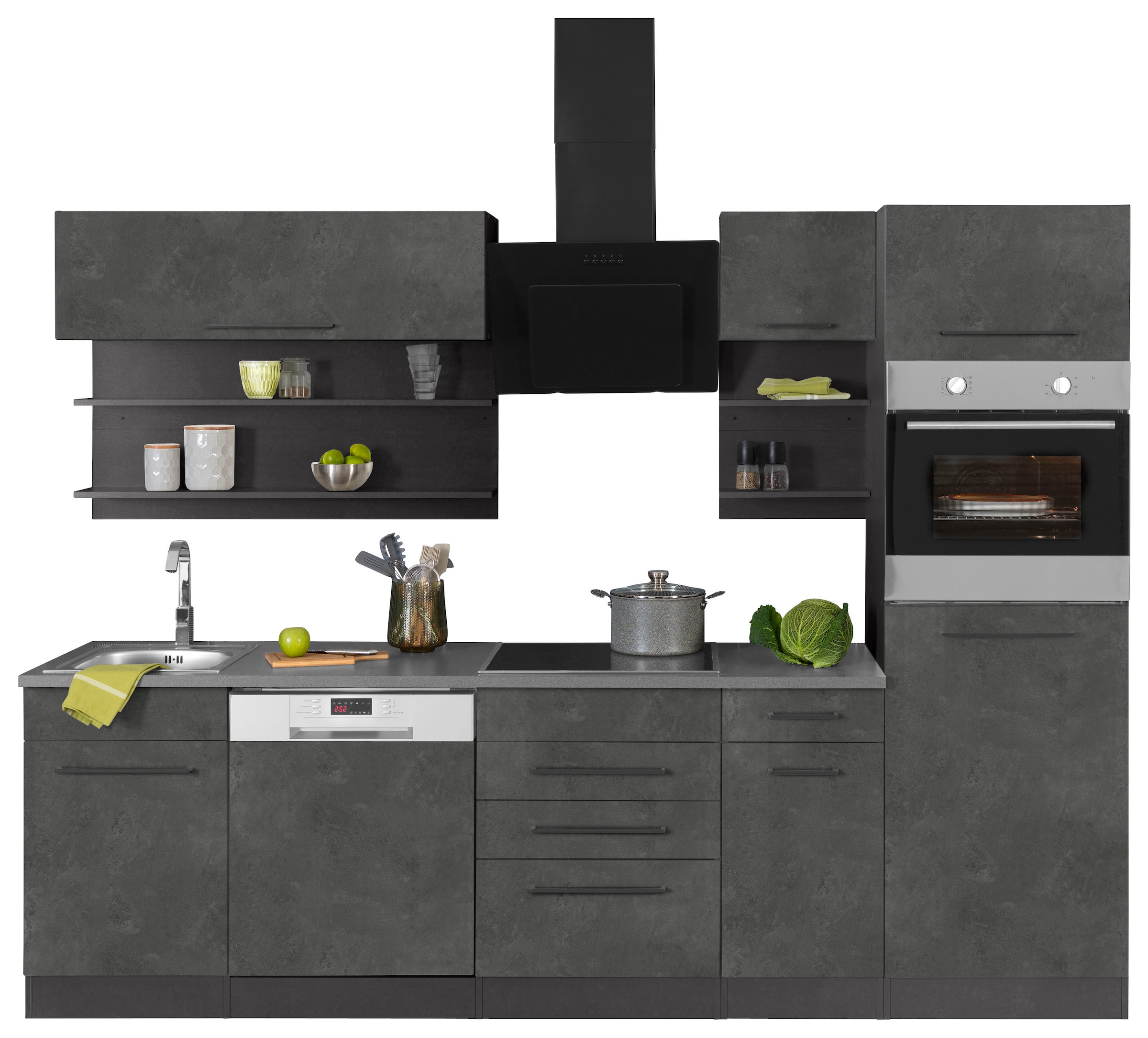 KOCHSTATION Küchenzeile »KS-Tulsa«, mit E-Geräten, Breite 270 cm, schwarze Metallgriffe, MDF Fronten