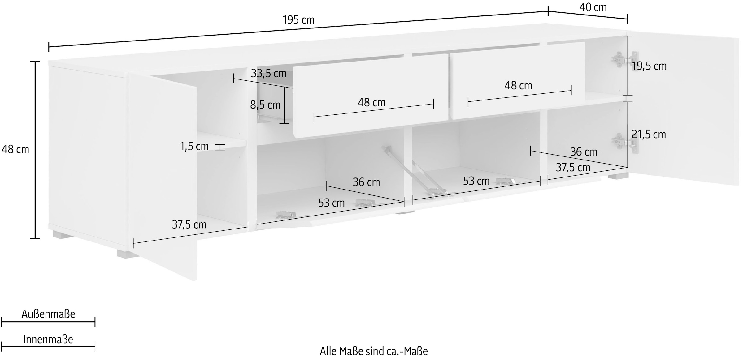 INOSIGN Lowboard »Asymetric, Breite 195 cm, grifflos, 2Klappen/2Schubkästen/2Tür«, TV-Schrank mit viel Stauraum, TV-Board