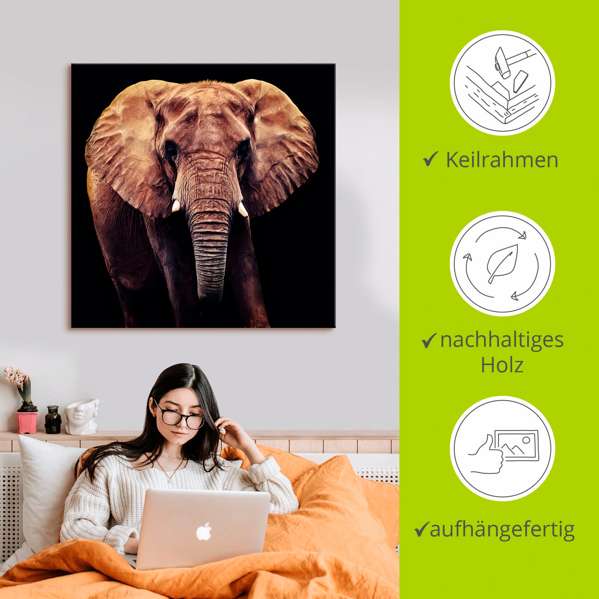 Artland Leinwandbild »Elefant«, Wildtiere, (1 St.), auf Keilrahmen gespannt