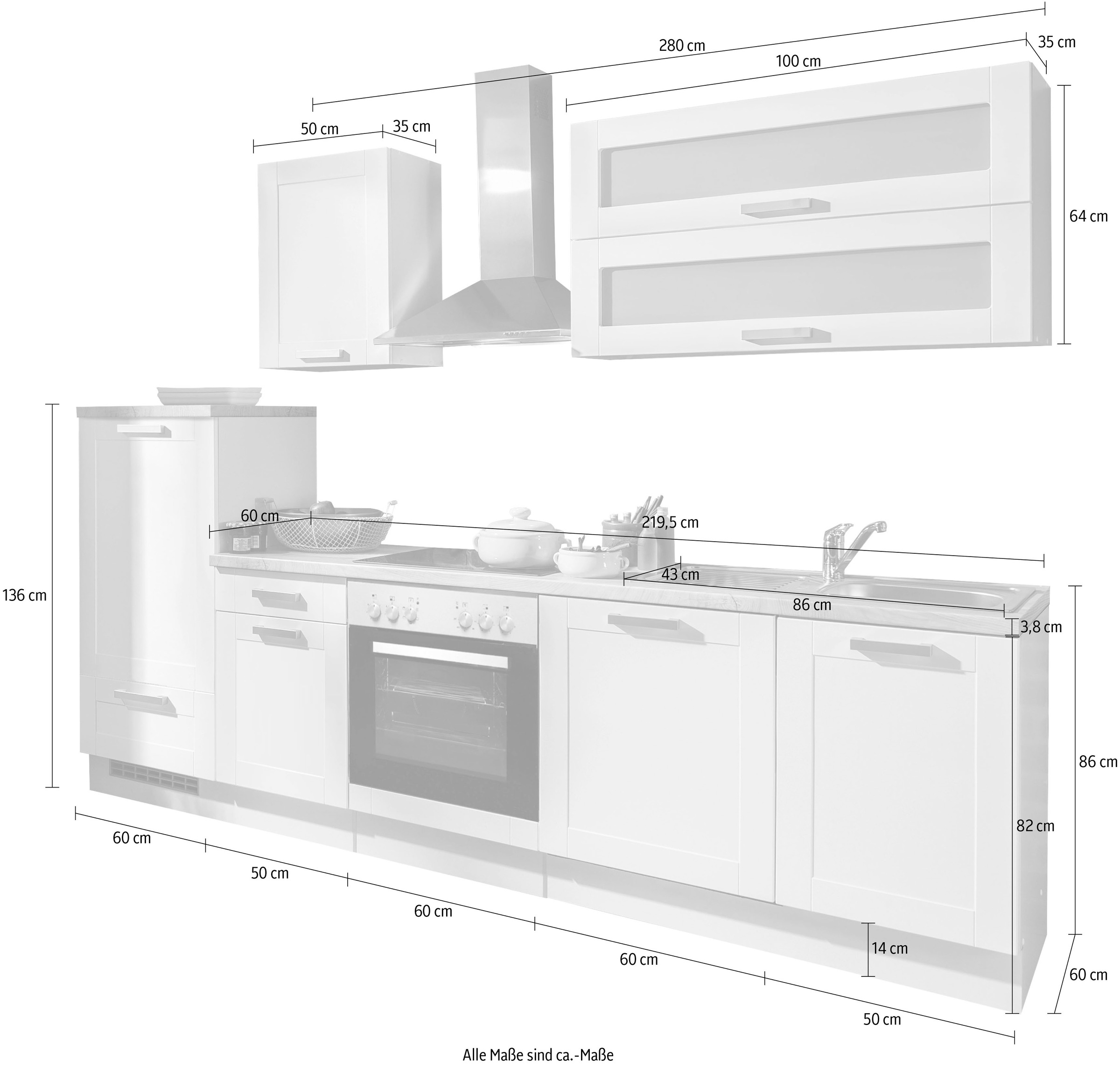 Menke Küchen Küchenzeile »White Premium Landhaus«, Küchenzeile mit E-Geräten, Breite 280 cm