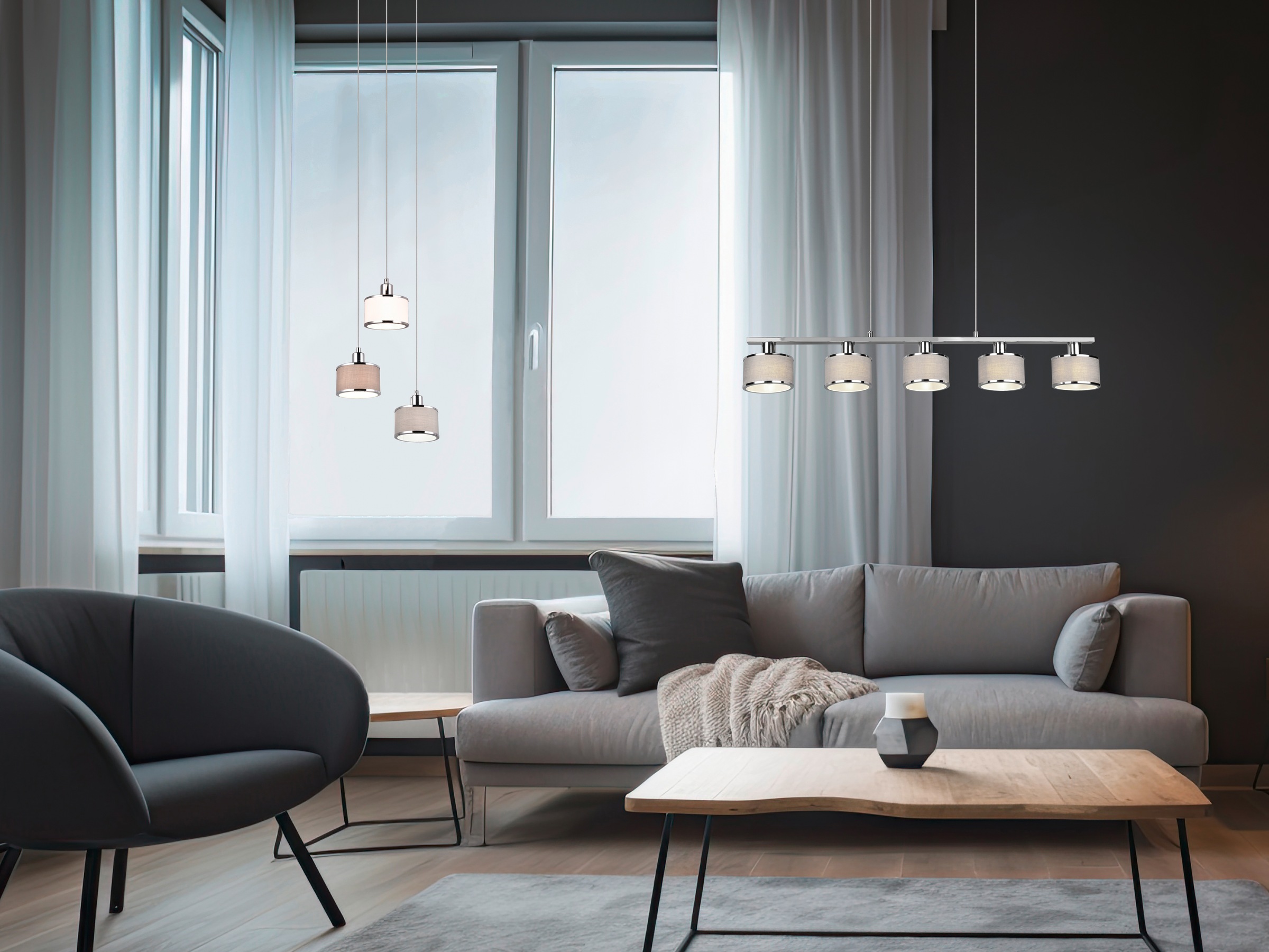 TRIO Leuchten Pendelleuchte »KAPRUN, Hängelampe mit Stoffschirmen, exkl E14, max 28W« E14 1 Stk. warmweiß - kaltweiß Höhe einstellbar bis max 150 cm, Stoffschirme + Metall