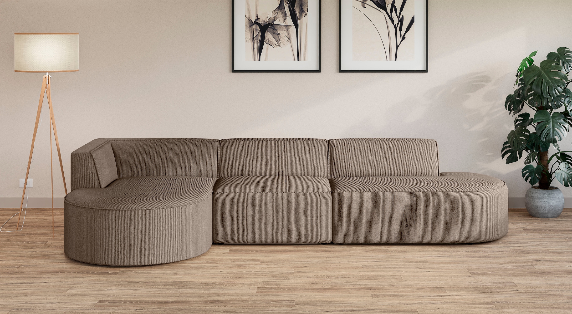 OTTO home Ecksofa »EIVIND Designer Sofa mit Ottomane rechts/links, B/T/H: 343/159/72 cm« L-Form mit Wellenunterfederung, auch in Feincord und Bouclé