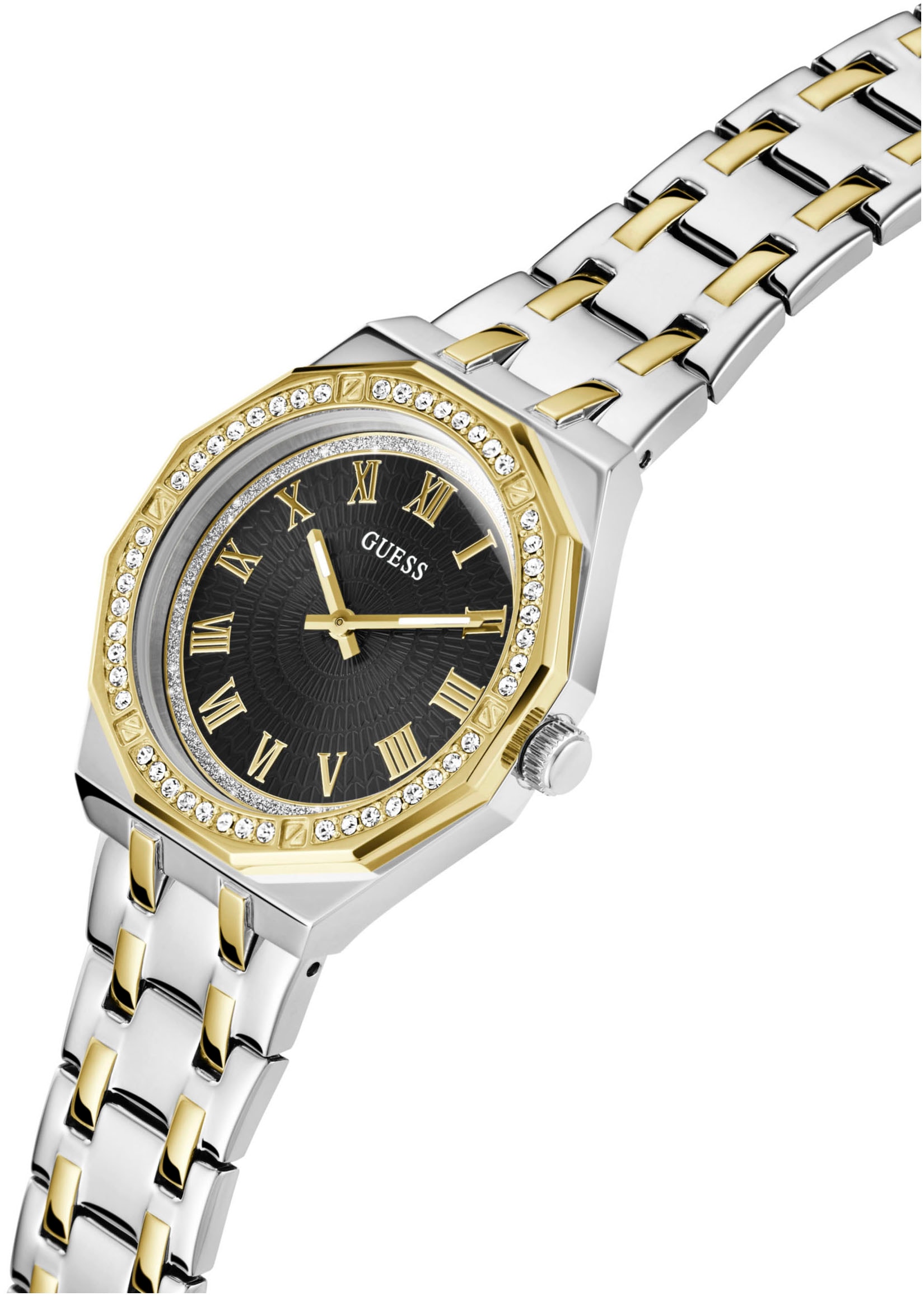 Guess Quarzuhr »DESIRE«, Armbanduhr, Damenuhr, Kristallsteine, Mineralglas, Edelstahlarmband