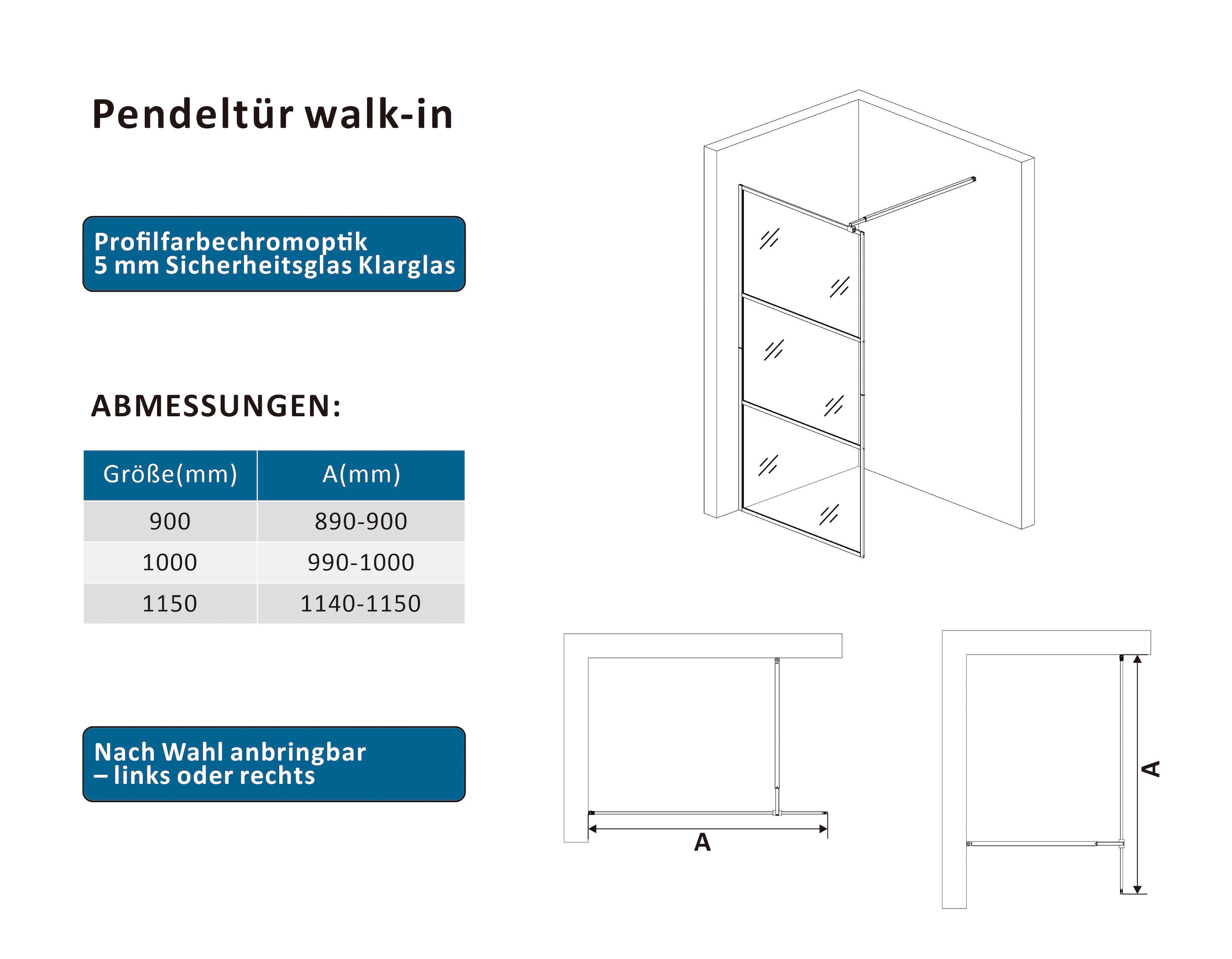 welltime Walk-in-Dusche Dreigeteilte Scheibe in trendigem Blockdesign
