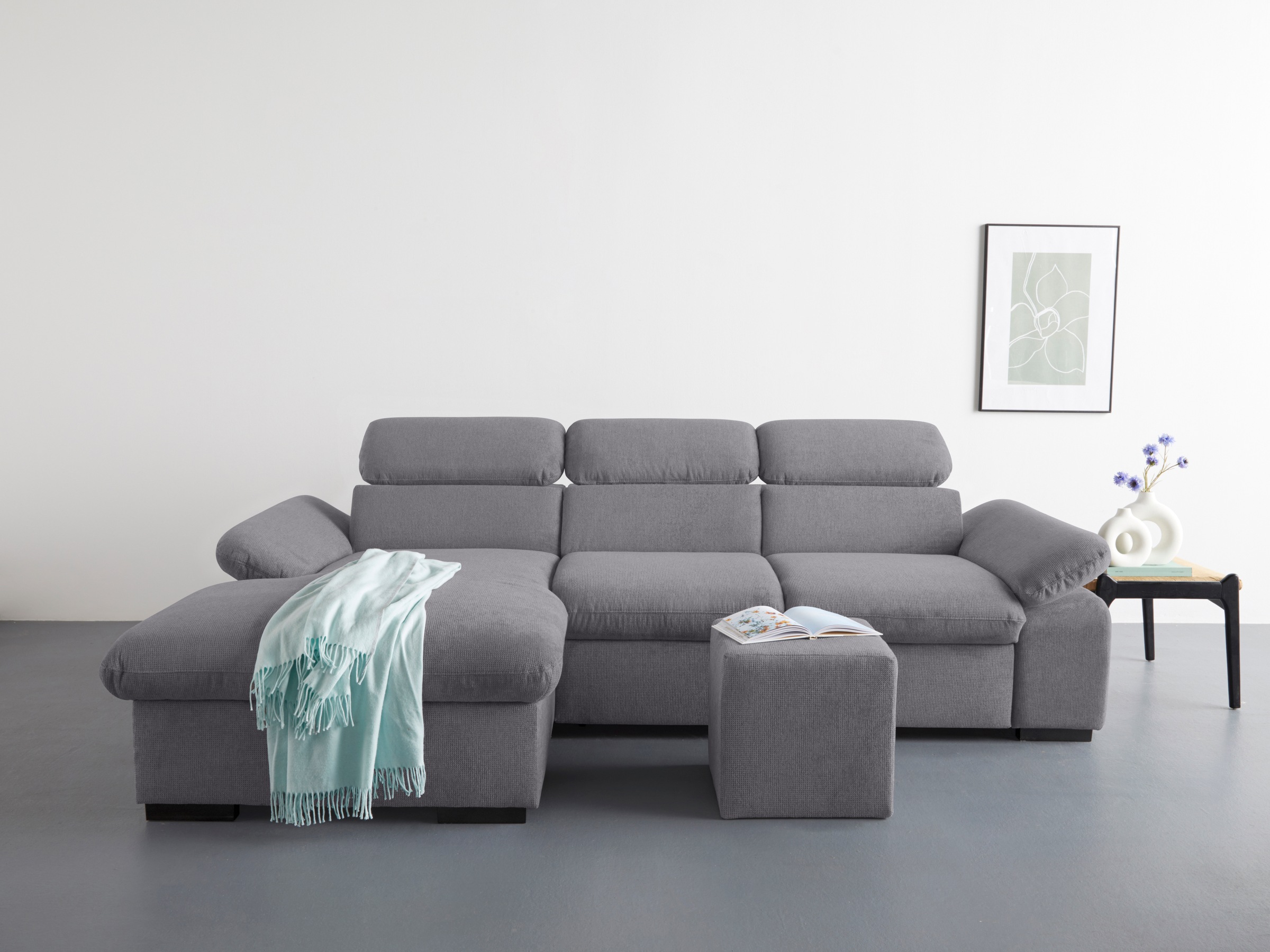 COTTA Ecksofa »Lola L-Form mit Kopfteilfunktion & Hocker«, (Set, mit Hocker), wahlweise mit Bettfunktion, Bettkasten & Armteilverstellung