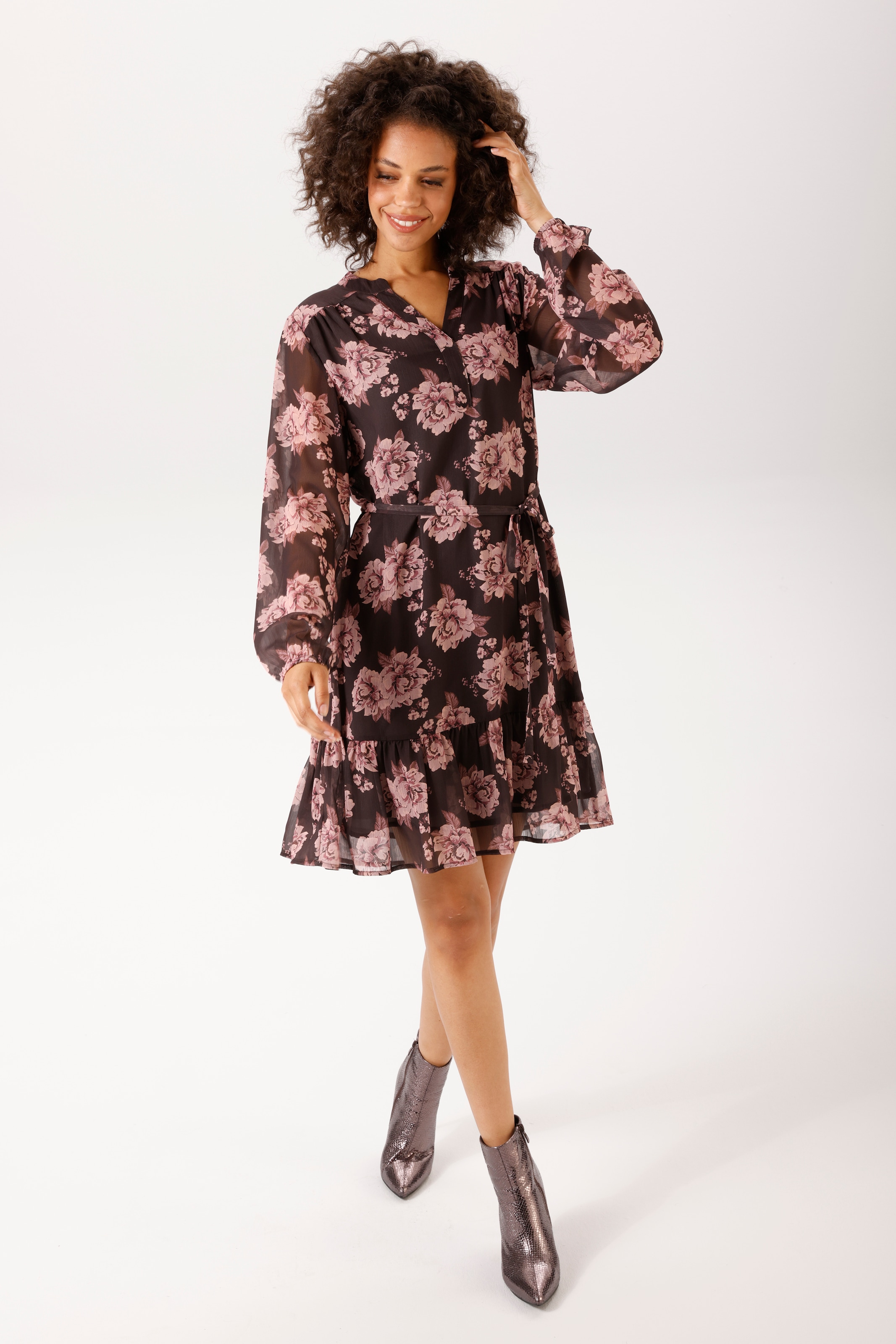 Aniston CASUAL Tunikakleid mit abnehmbarem Bindegürtel,  mit romantischen Rosen bedruckt - NEUE KOLLEKTION