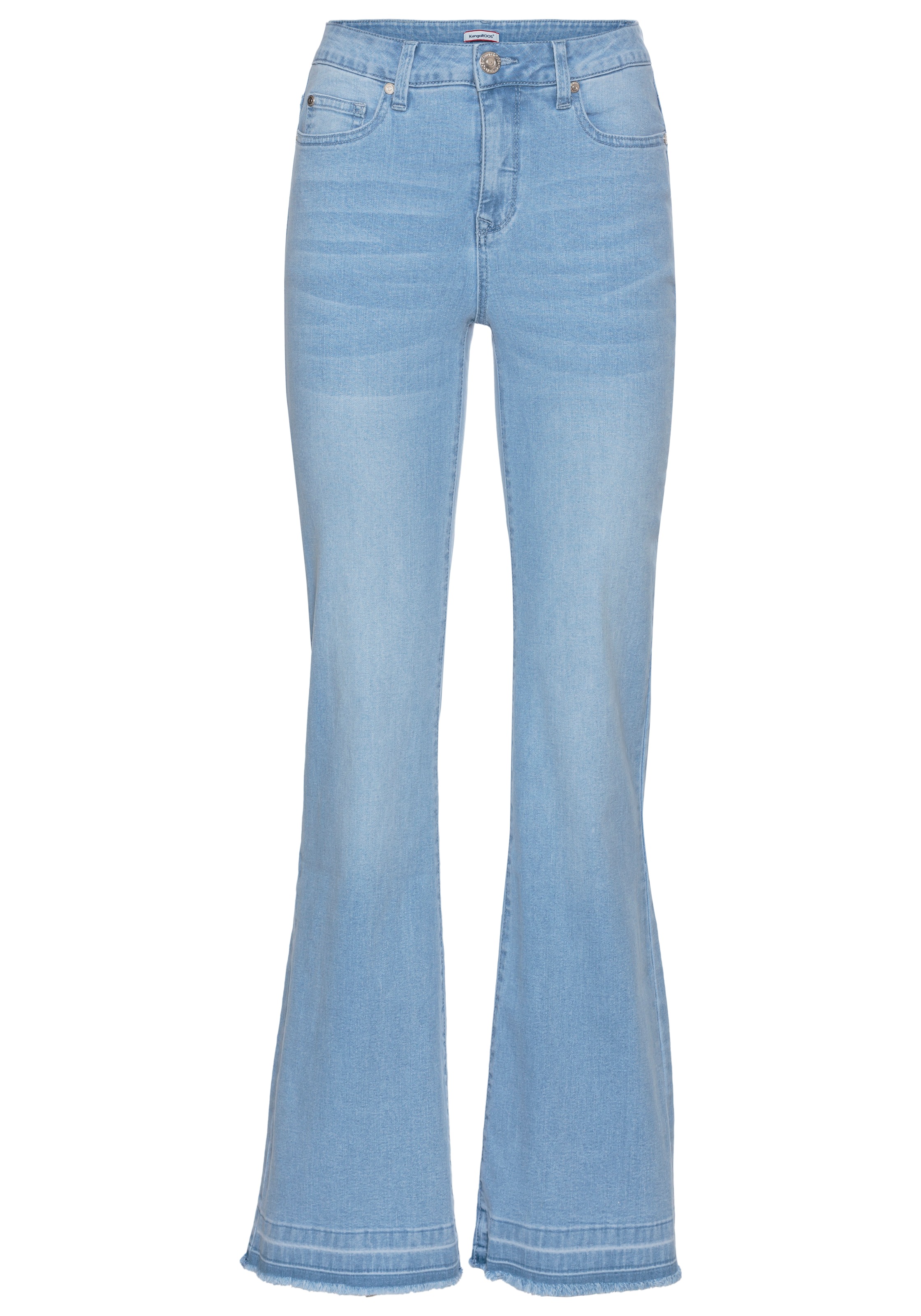 Weite Jeans KANGAROOS, Damen, Gr. 46, N-Gr, blau (bleached), Denim/Jeans, Obermaterial: 76% Baumwolle, 16% Polyester, 7% Viskose, 1% Elasthan, bootcut fit lang, Jeans, Flare Weite Jeans High Waist, Topseller 3