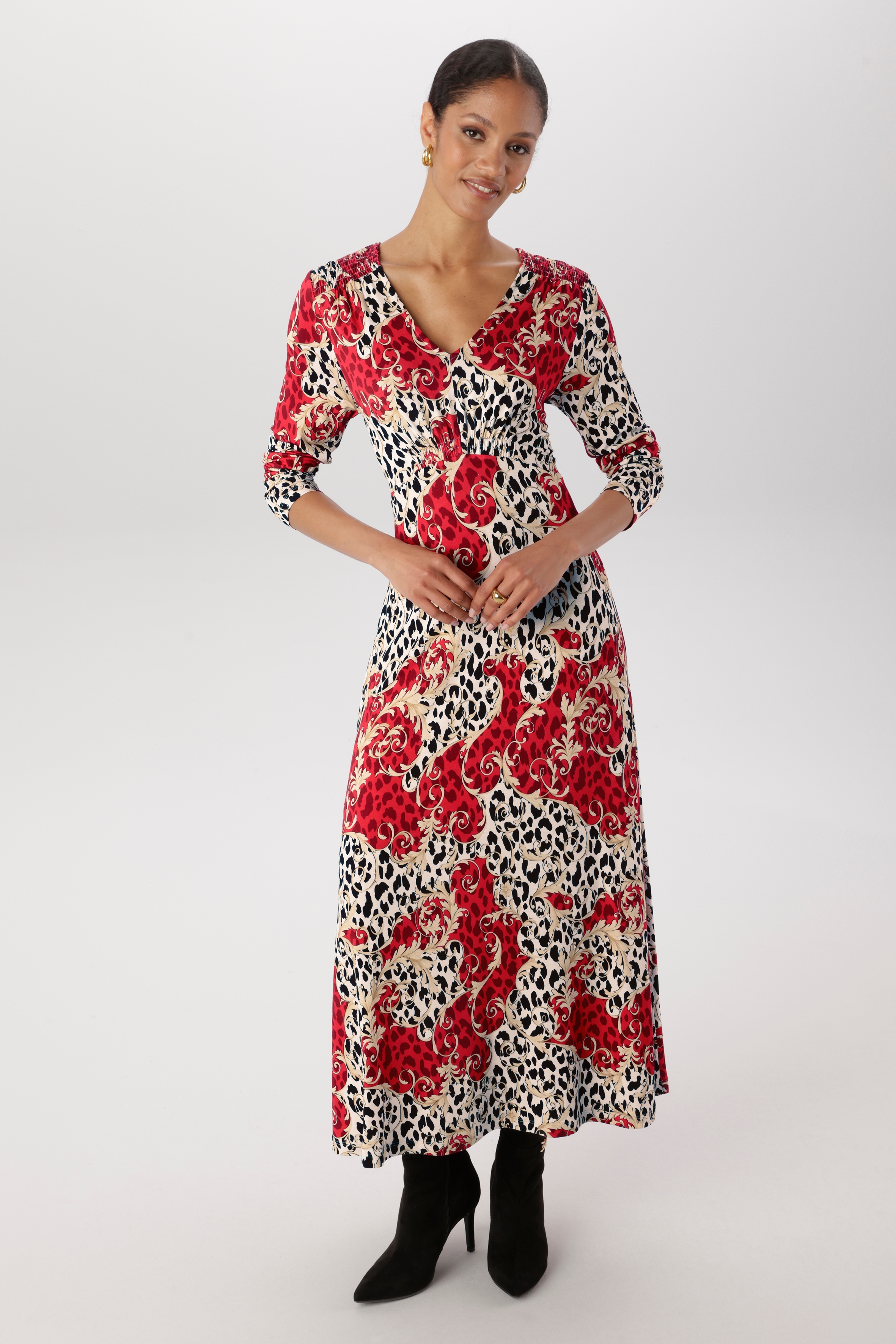 Aniston SELECTED Midikleid mit Smok-Details und fantasievollem Leo-Print