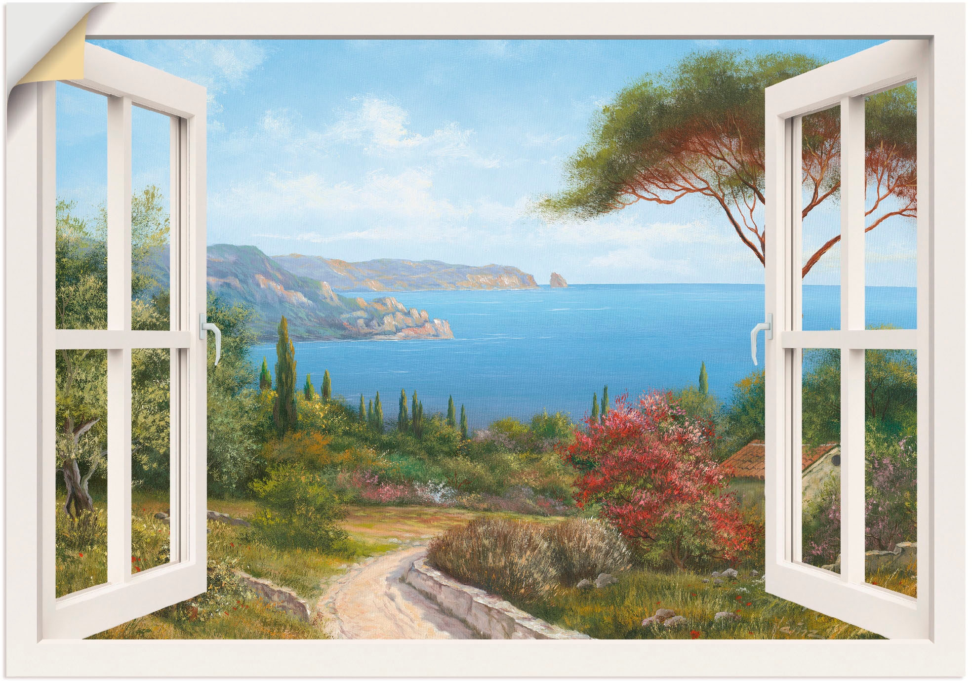 Artland Wandbild Poster versch. BAUR I«, bestellen Wandaufkleber »Fensterblick Größen Fensterblick, (1 St.), als | am in Meer oder Leinwandbild, Haus 