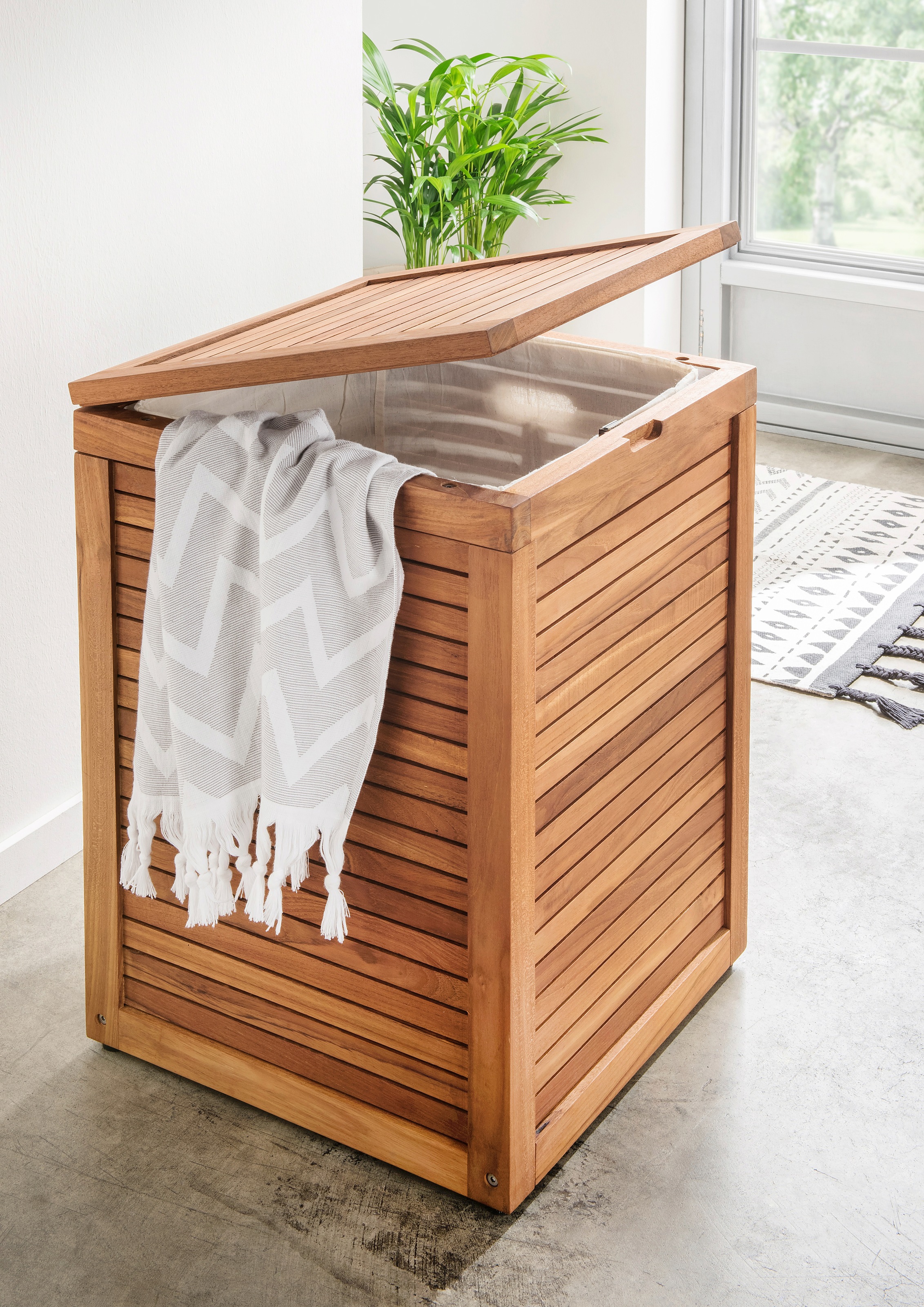 Destiny Wäschebox "SPA & LIVING", Wäschebox in geriffelter Optik, mit Inlett 45x45x66cm, Teak