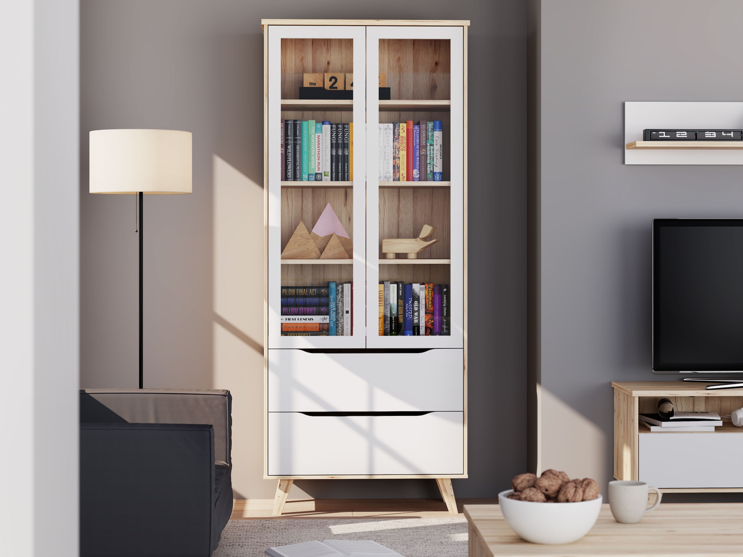 FORTE Vitrine »Vankka Stauraumvitrine«, (B/H/T 84,7/201,5/41,7 cm), 2 Glastüre, Grifflos, zeitloses Design, 2 Schubkästen