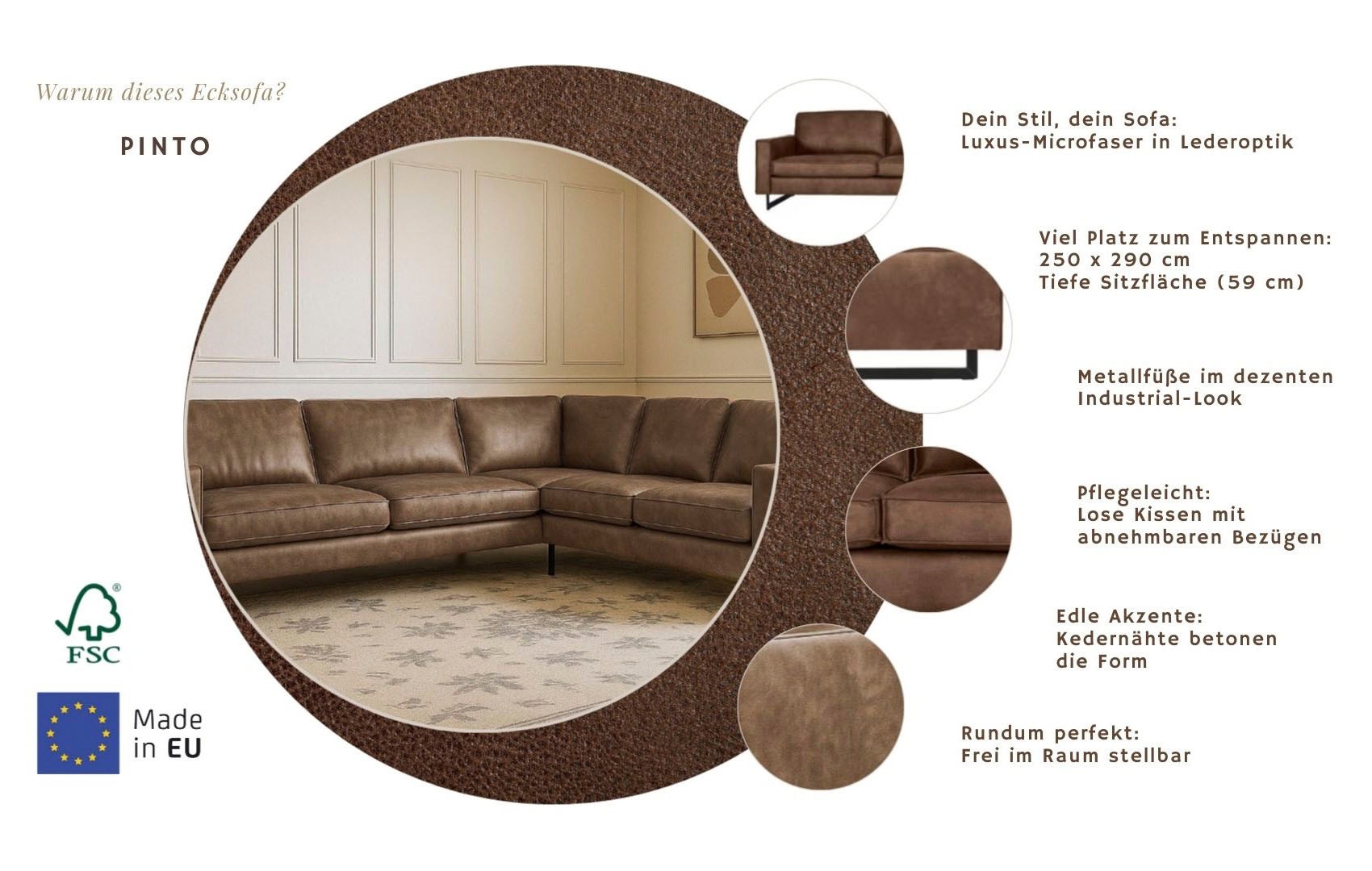 Thumbnail - Home affaire Ecksofa "Pinto, XXL, 250/290 cm, langer Schenkel, Ottomane" Cord, Chenille, Lederoptik, mit Keder, Metallfü...