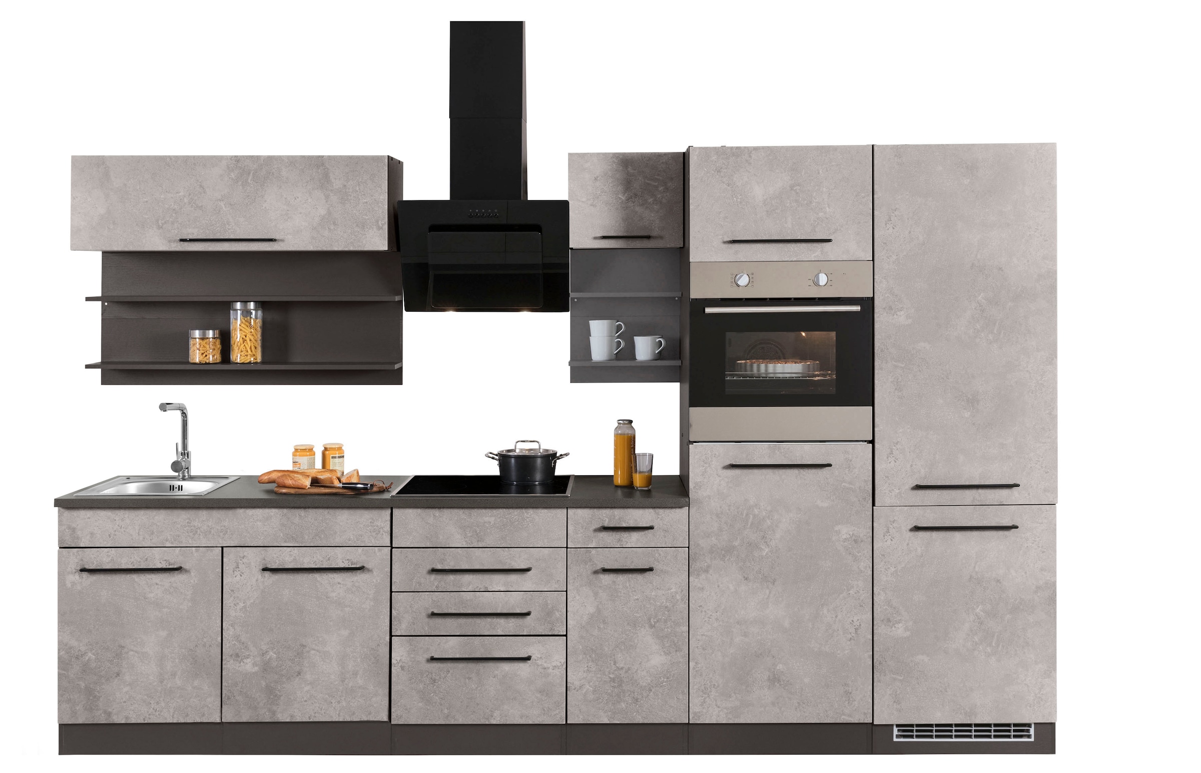 KOCHSTATION Küchenzeile "KS-Tulsa", mit E-Geräten, Breite 330 cm, schwarze Metallgriffe, MDF Fronten