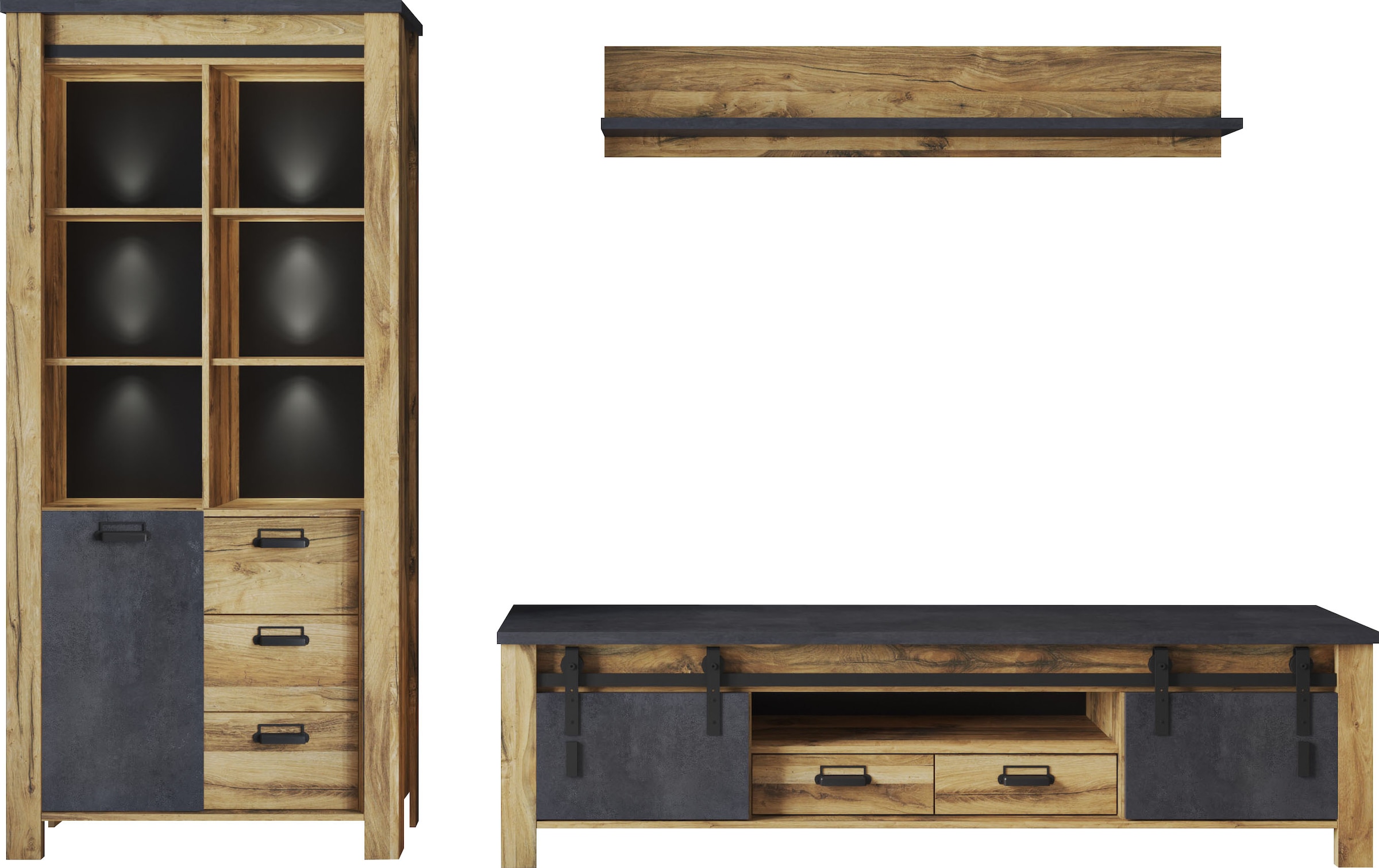 Home affaire Wohnwand »York, moderne Anbauwand, Wohnzimmer-Set in Hunton Oak, 201 cm breit«, (Komplett-Set, 3 St.), enthält Vitrine, Lowboard +Wandboard, Metallgriff, Scheunentorbeschlag