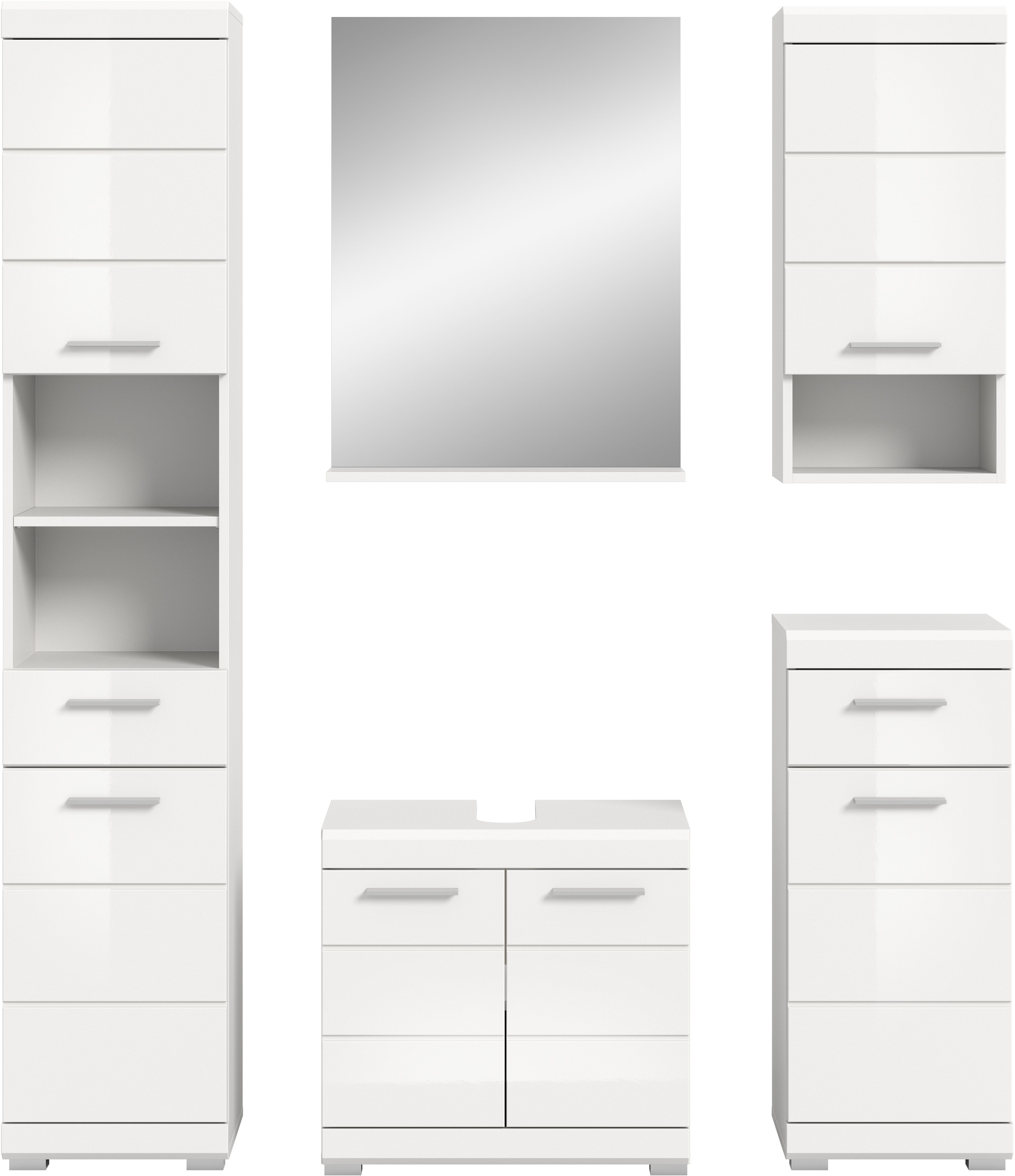 INOSIGN Badmöbel-Set »Siena, 5 teilig, bestehend aus:«, (Set, 5 St.), Hochschrank, WBU, Spiegel, Unterschrank, Hängeschrank